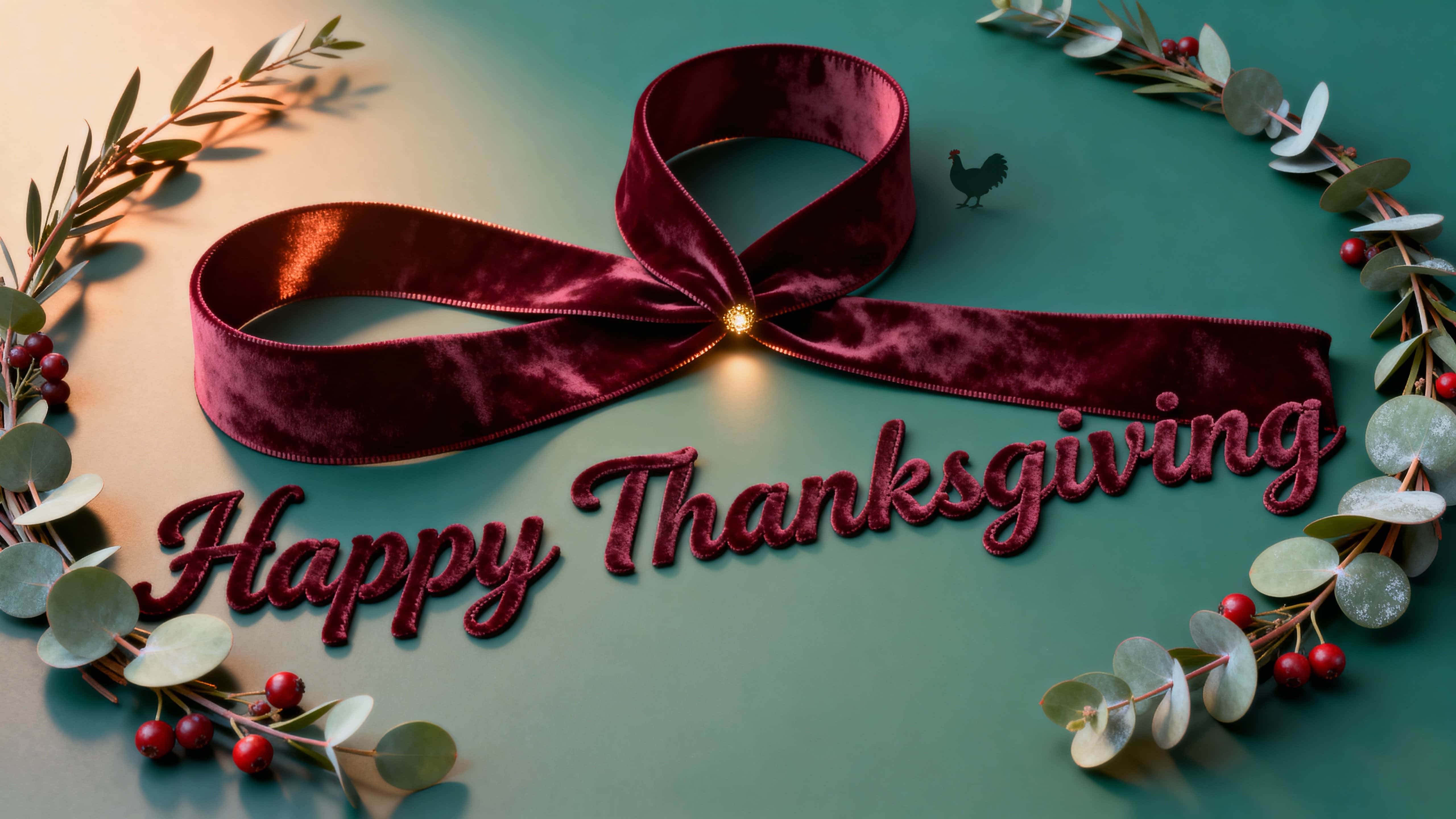 16:9 cinematic scene of 'Happy Thanksgiving' formed by a deep burgundy velvet ribbon looping across the lower third, cradled by matte eucalyptus sprigs, a tiny golden ember focal, and a camouflaged minuscule turkey.