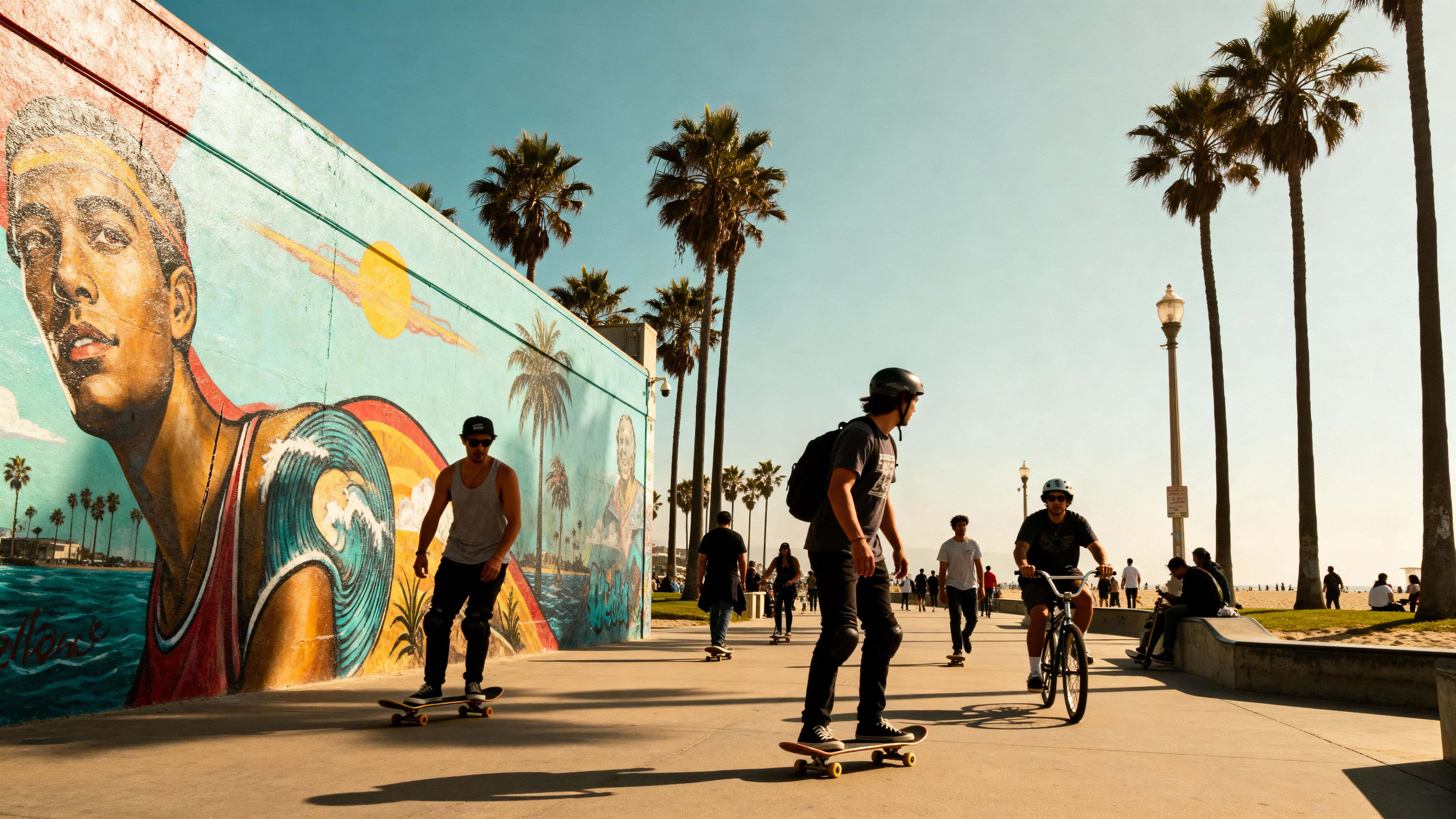 Skaters and cyclists glide along Venice Beach boardwalk beneath swaying palms and vivid murals, bright midday sun, natural reflections, and lively travel energy.