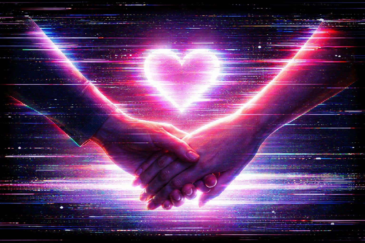 Wide 3:2 retro VHS-style illustration of a 90s TV showing two touching hands amid heavy tracking distortion, chromatic fringing, scanlines, static, and a pulsing glitch-heart.