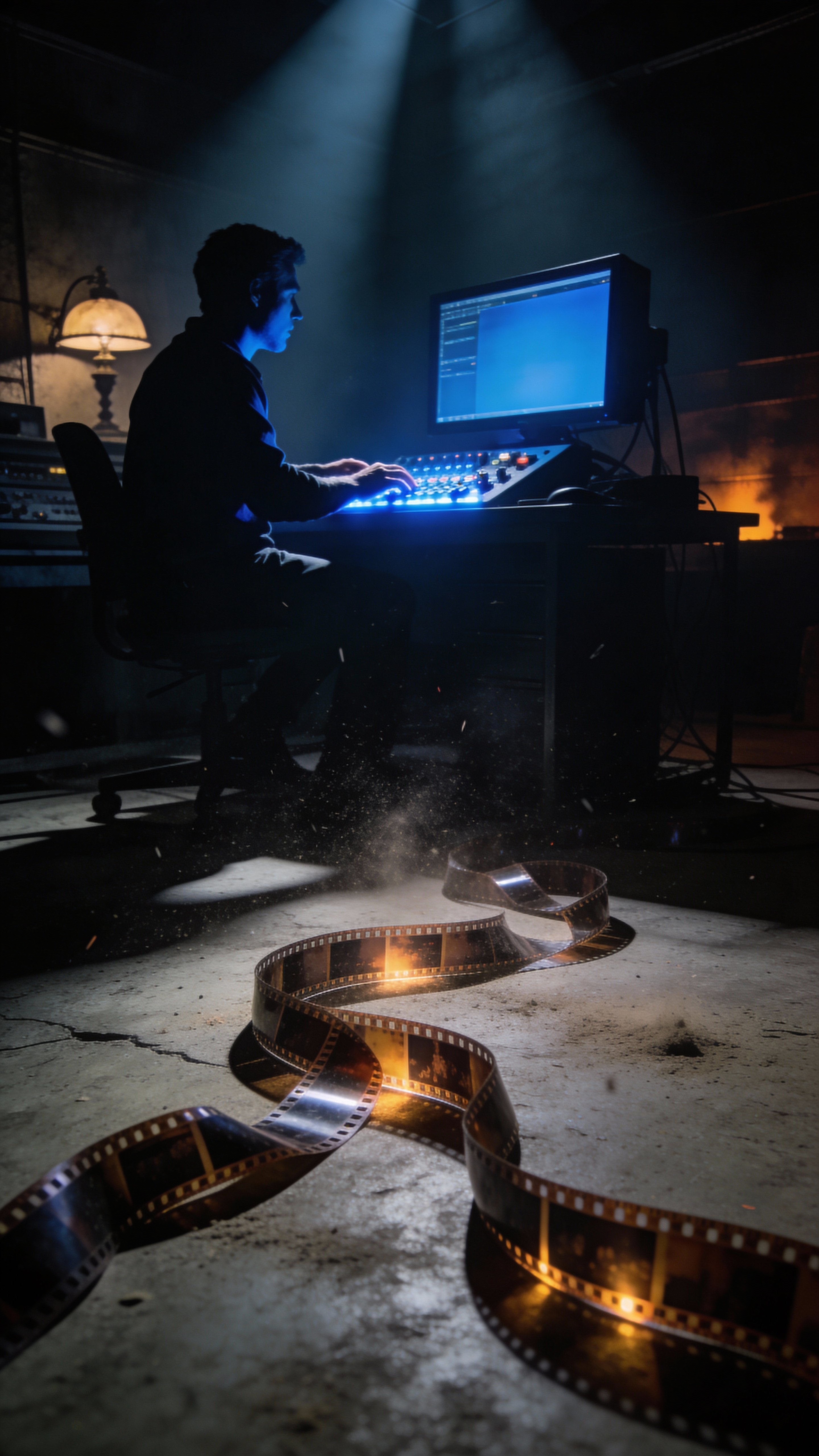 Vertical 9:16 portrait of a video editor in a dark cinematic studio, waist-up and slightly off-center, bathed in a soft blue edge glow as a glowing film strip spills across the floor amid moody shadows and floating dust particles.