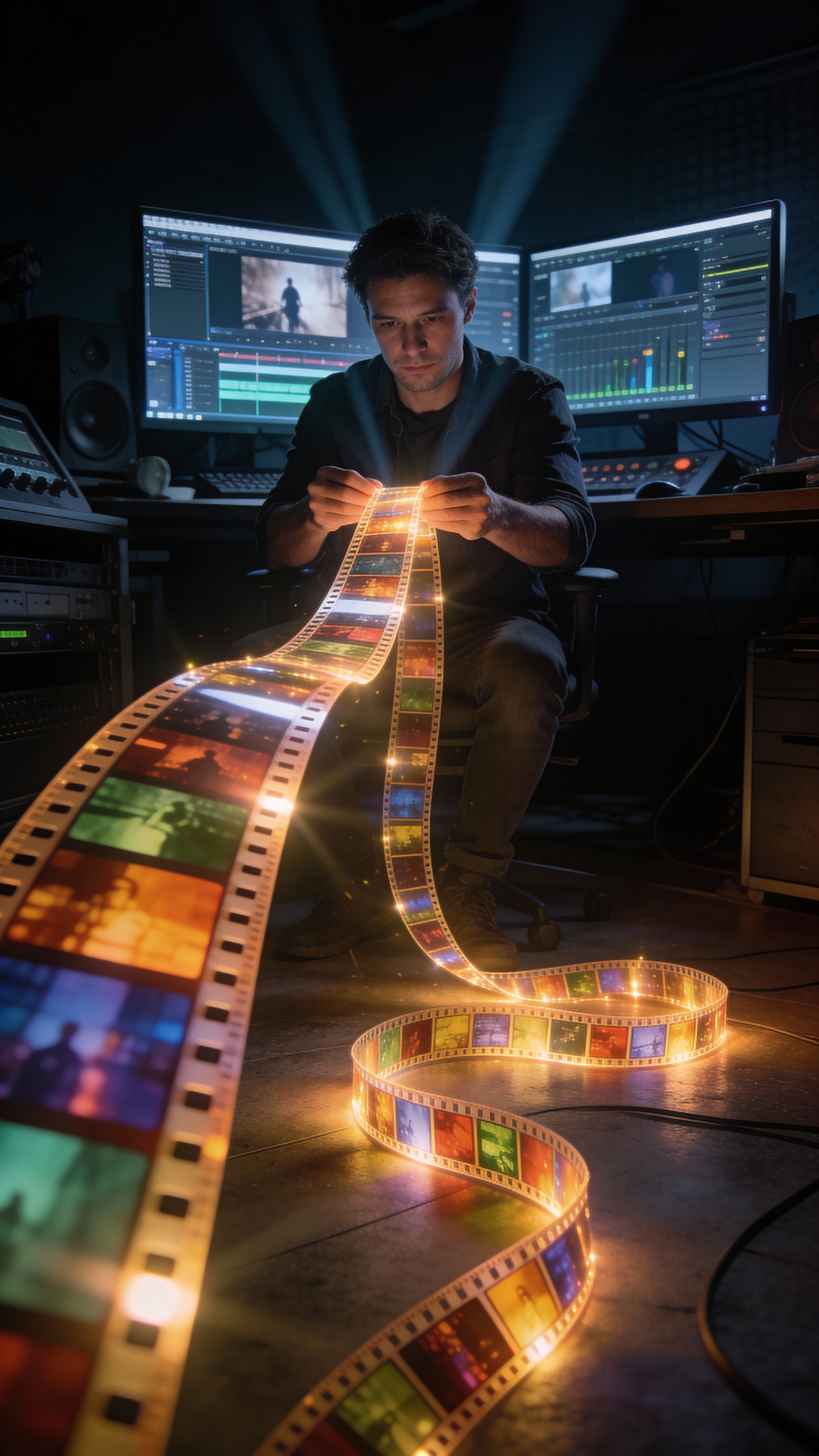 Ultra-realistic scene of a video editor at a dark studio desk with glowing monitors while a physical film strip flows from his hands across the floor, colorful frames and volumetric light rays.