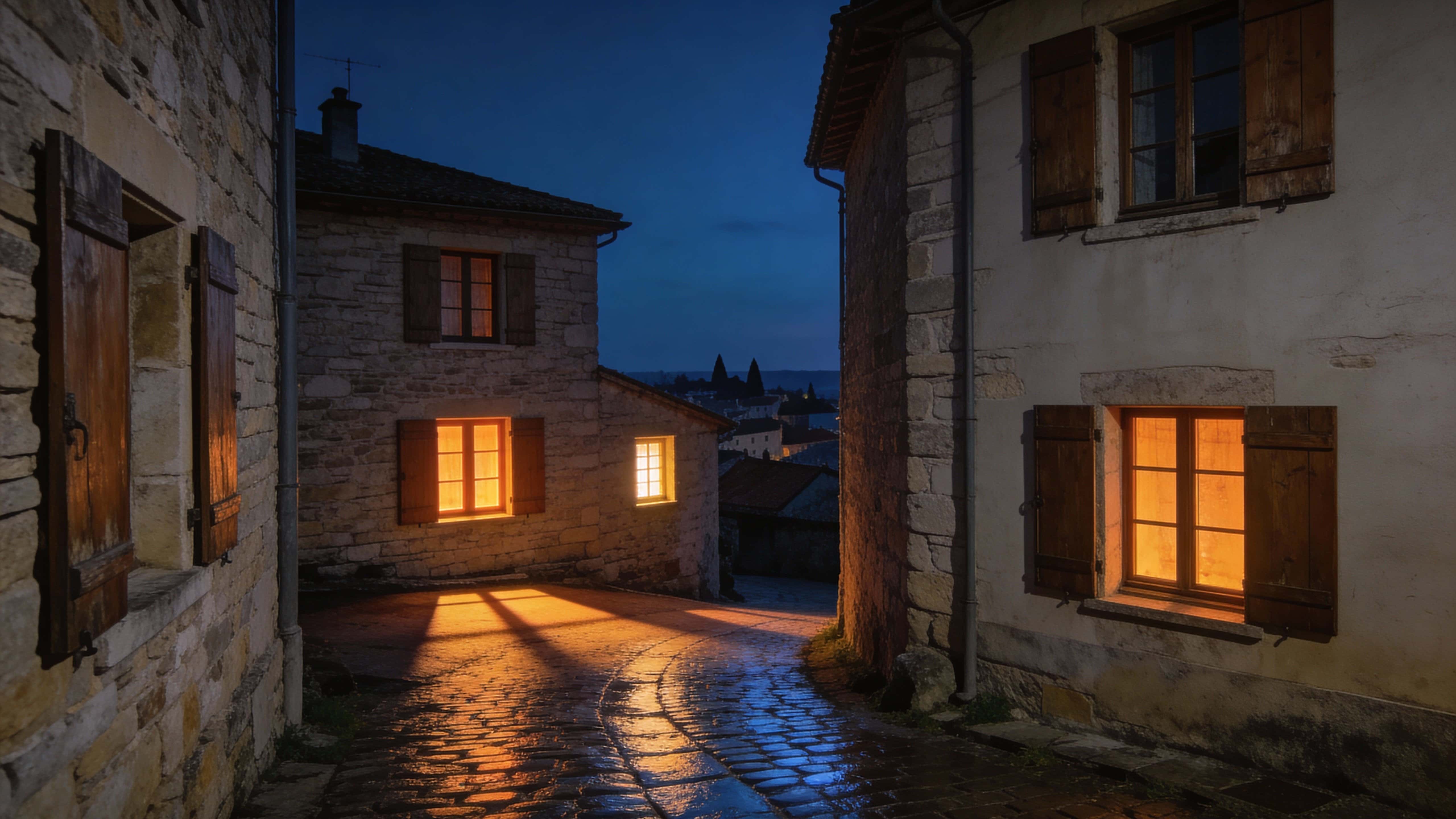 A 16:9 architectural night photograph of a small village house glowing with warm interior light, composed for cinematic wallpaper or poster use with atmospheric streetscape mood.