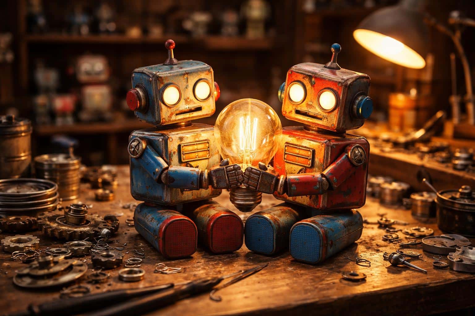 A physically based 3D render of two tin-plate robots sharing a glowing bulb on a cluttered wooden workbench in a warm, amber-lit, whimsical retro workshop scene.