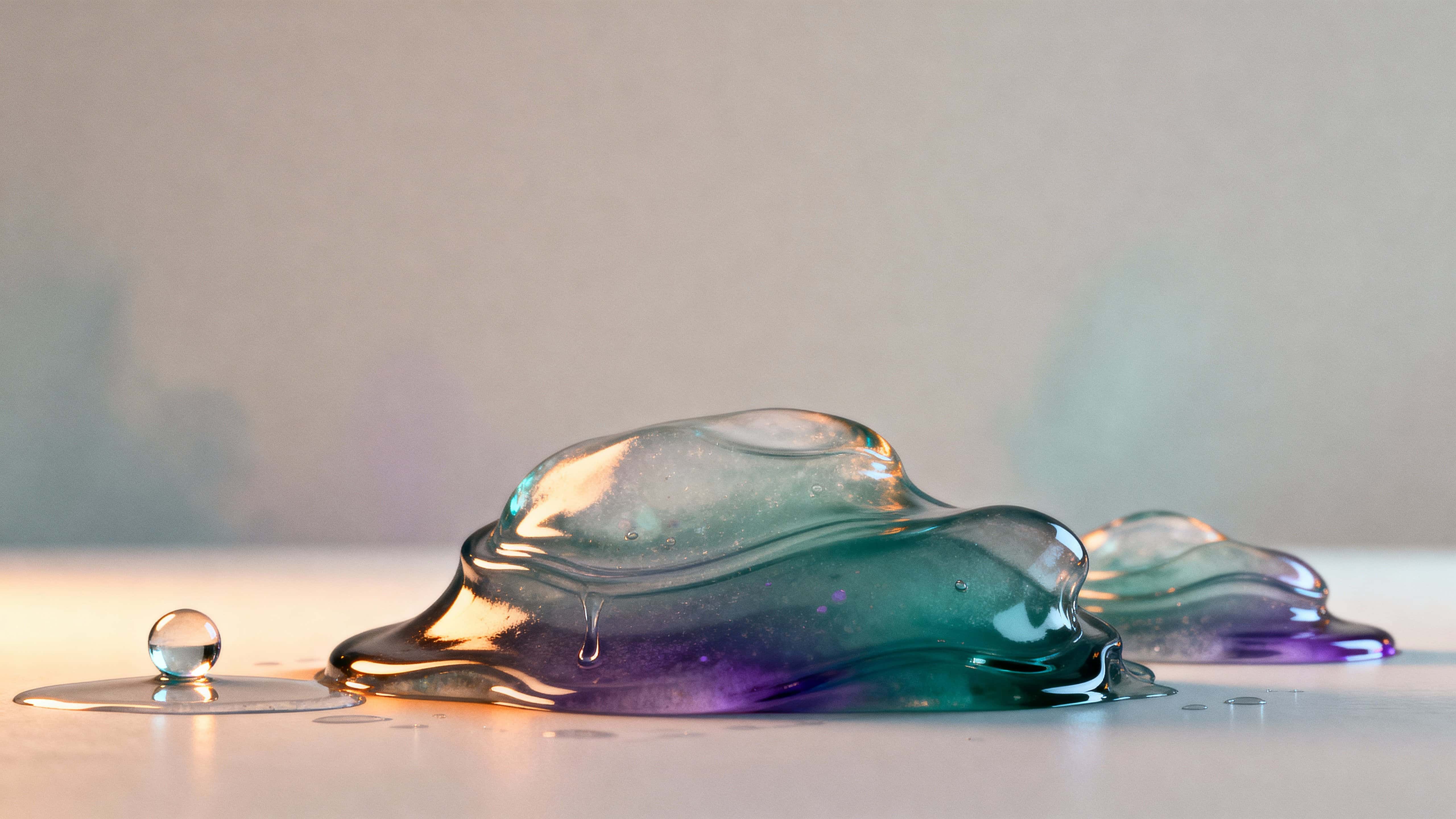 A 16:9 composition of viscous translucent shapes arranged as an abstract still life, reflecting warm amber and cool teal light to emphasize depth, surface tension, and subtle translucency.