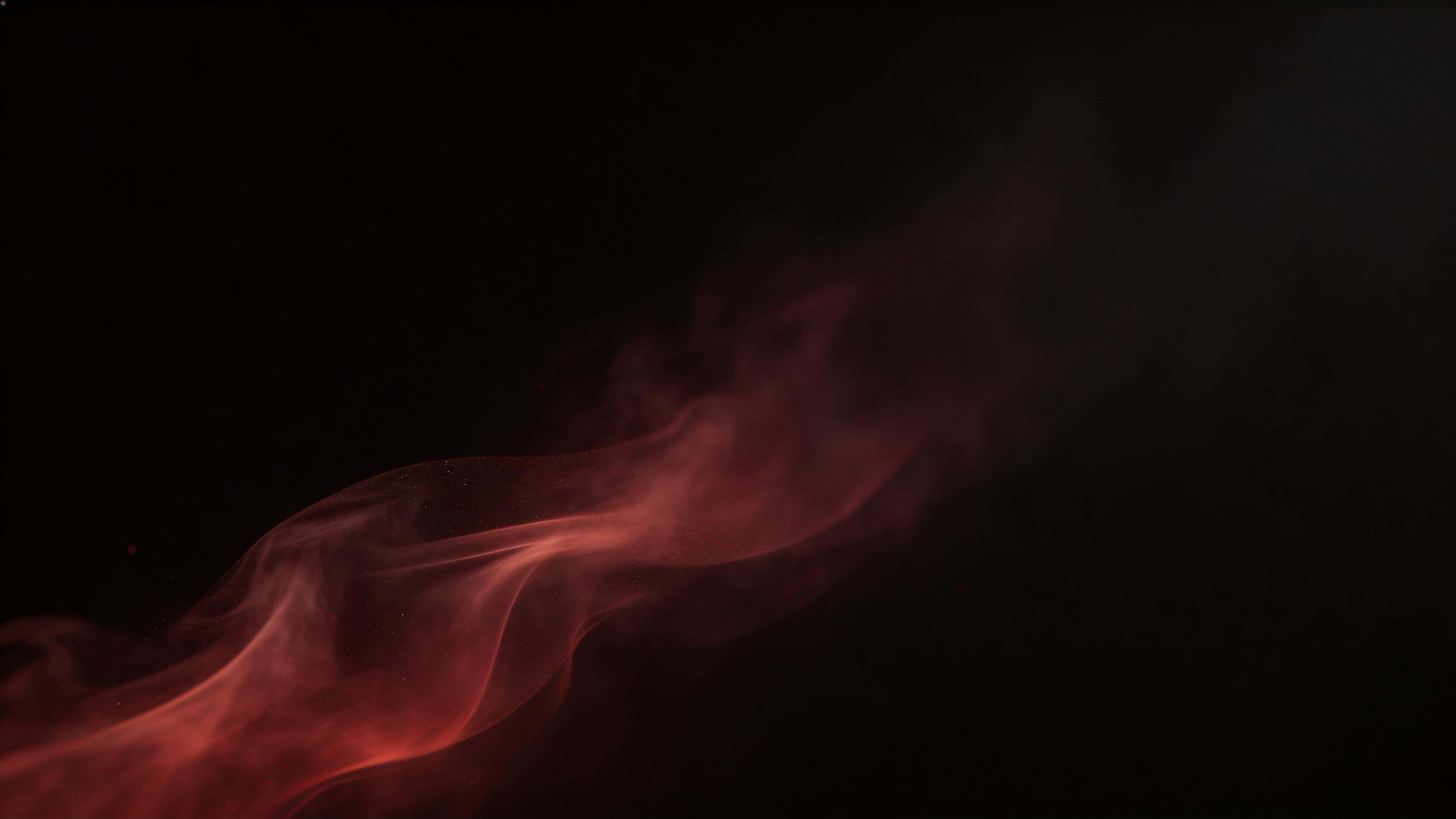 16:9 cinematic wallpaper of near-black space with a dominant diagonal red volumetric fog ribbon and sparse particulate shimmer, preserving broad dark negative space.