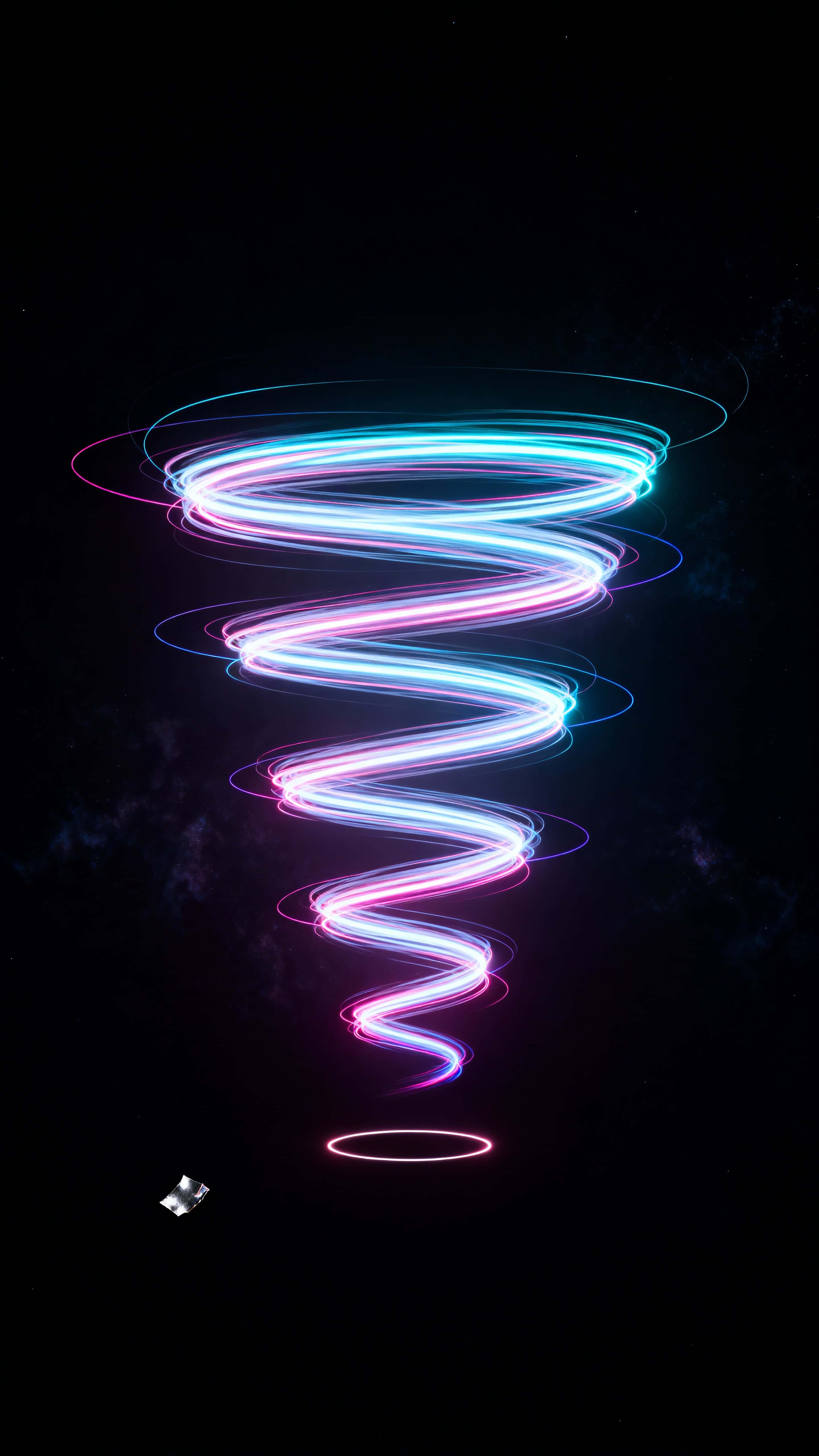 A glowing spiral of electric light trails twists into a deep black void, forming a dynamic vertical composition ideal for tall displays and moody sci‑fi backdrops.