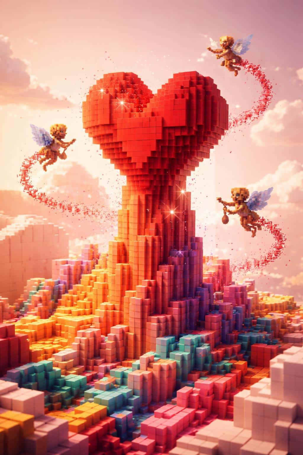 A towering voxel heart rises from a colorful block landscape in a vertical 2:3 frame, with orbiting pixel cupids, red dust trails, and a soft peach skybox.