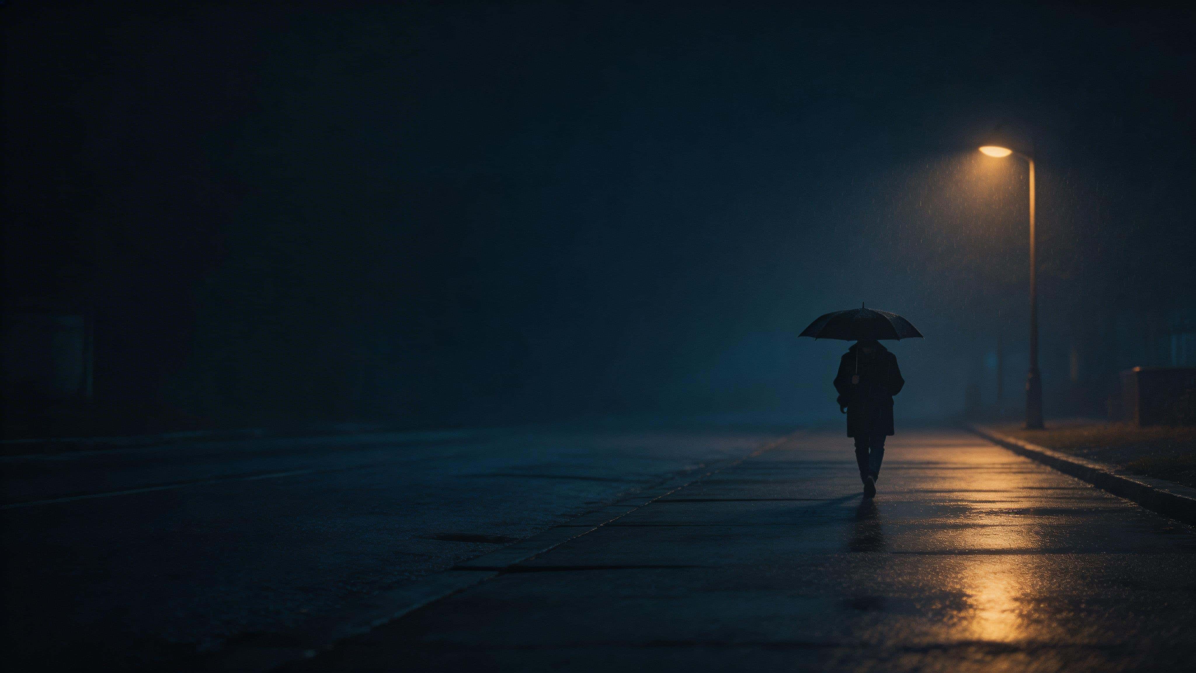 Cinematic 16:9 night wallpaper of a small off-center figure walking under a dark umbrella in steady rain, with a warm streetlight pool and cool blue-black surroundings.