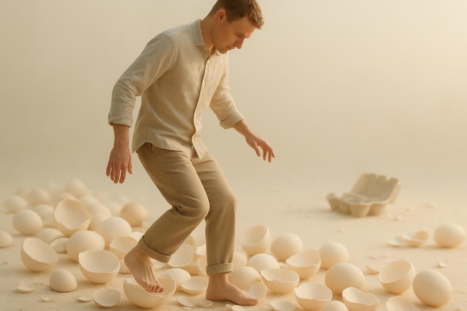 A lone figure moves gingerly across a path of fragile eggshells at dawn, each step a careful negotiation between balance and risk. Soft morning light and muted neutrals emphasize delicacy and tension, turning an idiom into a quiet, symbolic scene.