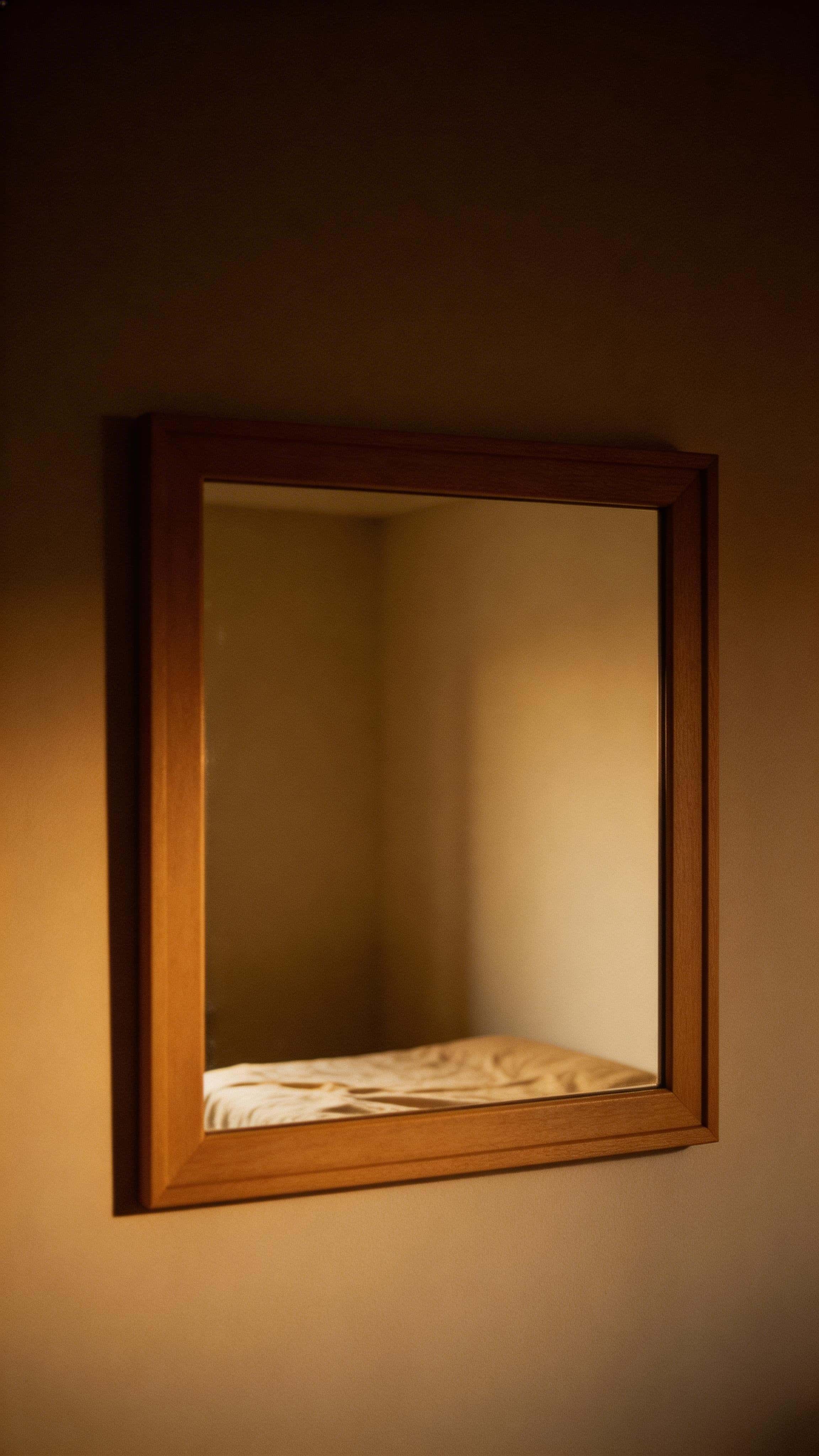 Intimate vertical interior photo of a wooden-framed wall mirror reflecting a dim, empty bed corner with soft warm light, subtle grain, vignette, and quiet absence.