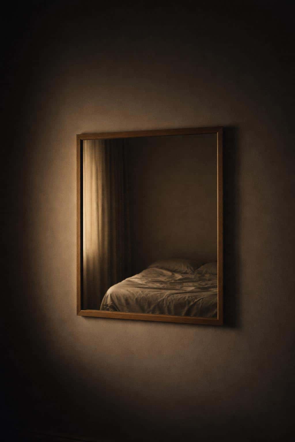 Vertical 2:3 intimate interior photograph of a simple wooden-framed mirror reflecting a bed corner and dim warm light, conveying quiet absence with soft contrast and film grain.