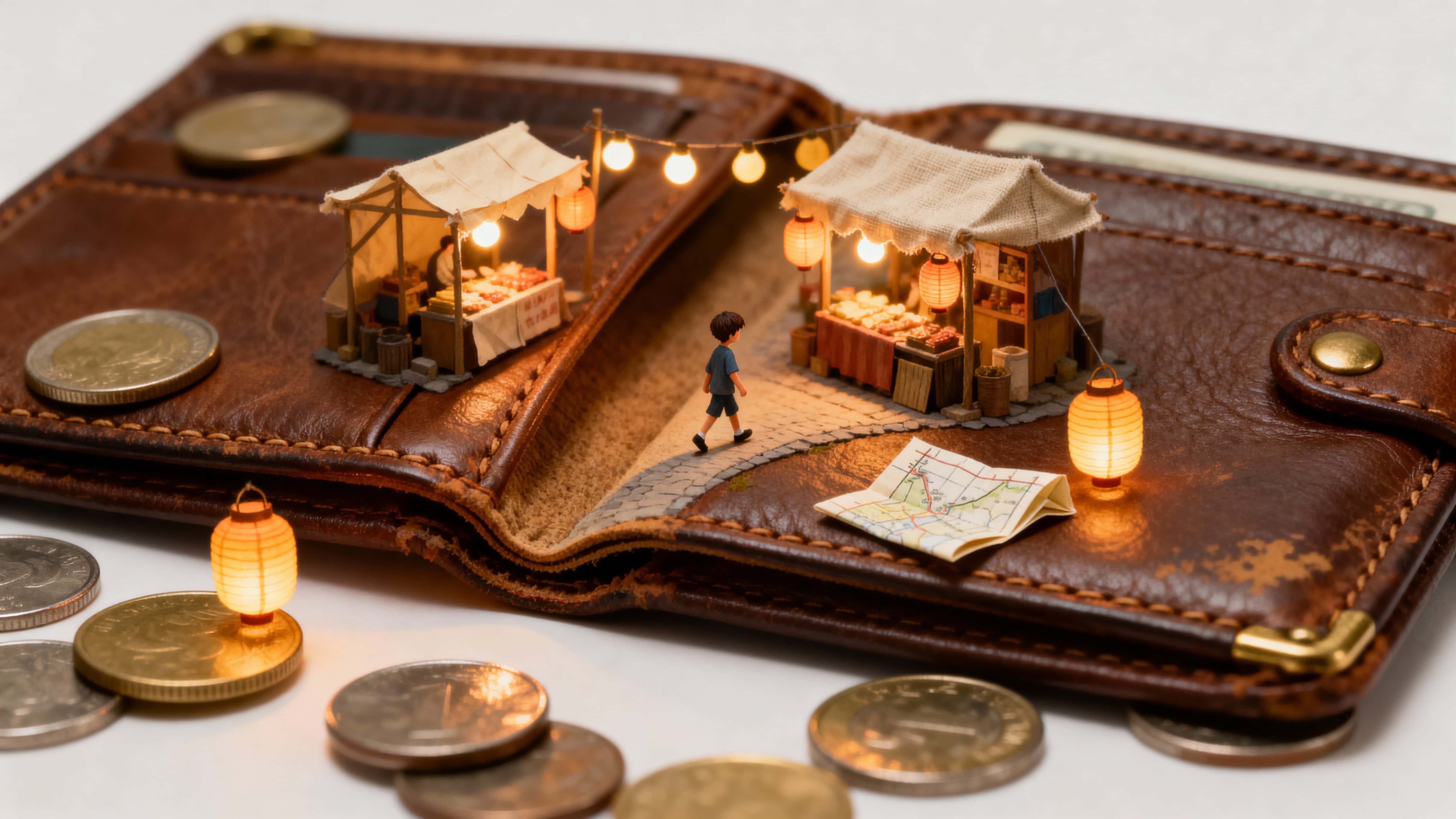 A slightly opened wallet reveals a miniature night market nested along its fold, warm lantern light spilling across tiny stalls while a small child walks the strip like a busy street scene.