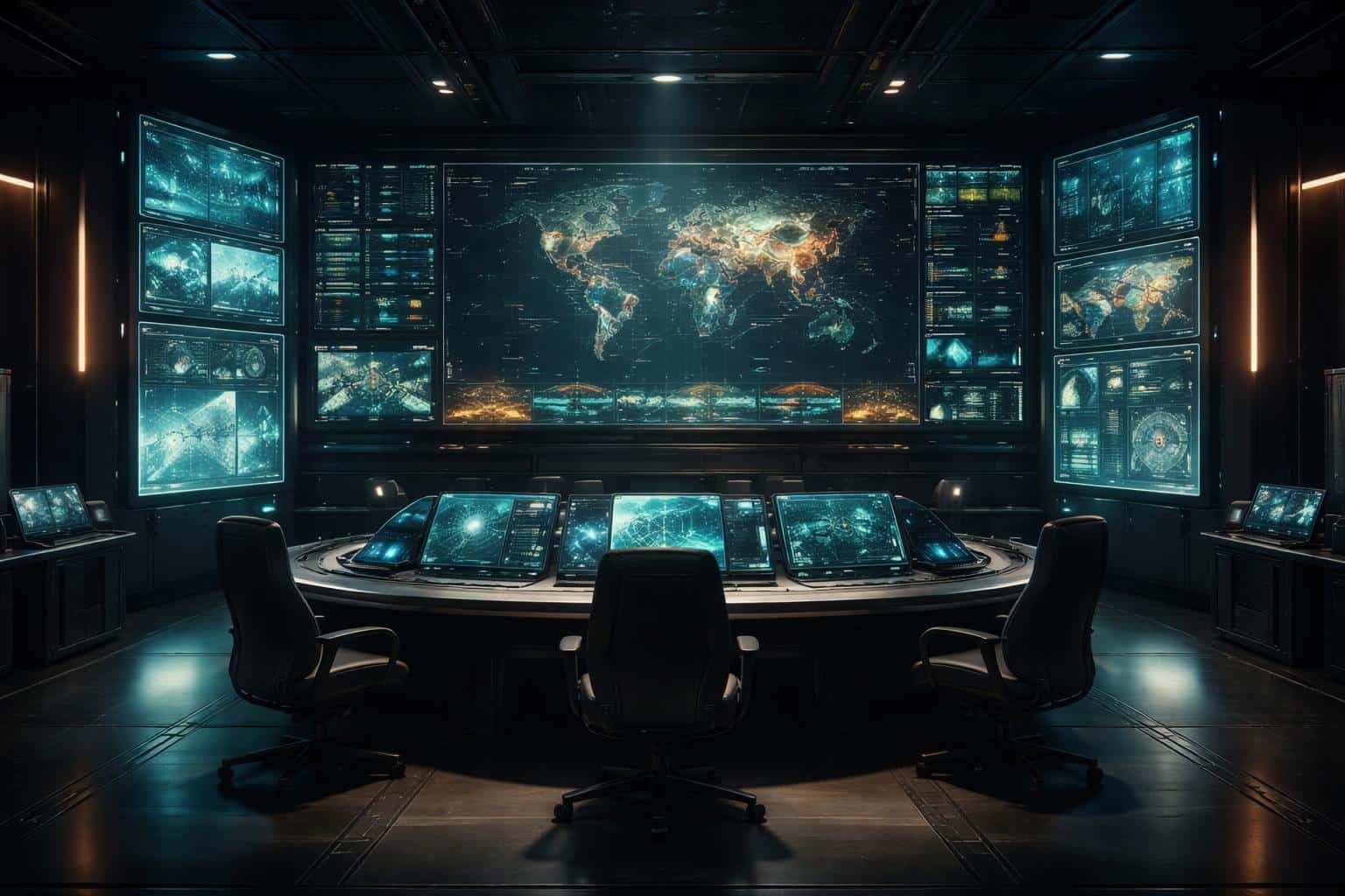 Cinematic war-room interior with surrounding glowing data panels and tactical displays, rendered as a widescreen concept scene for a wallpaper or poster-style composition.