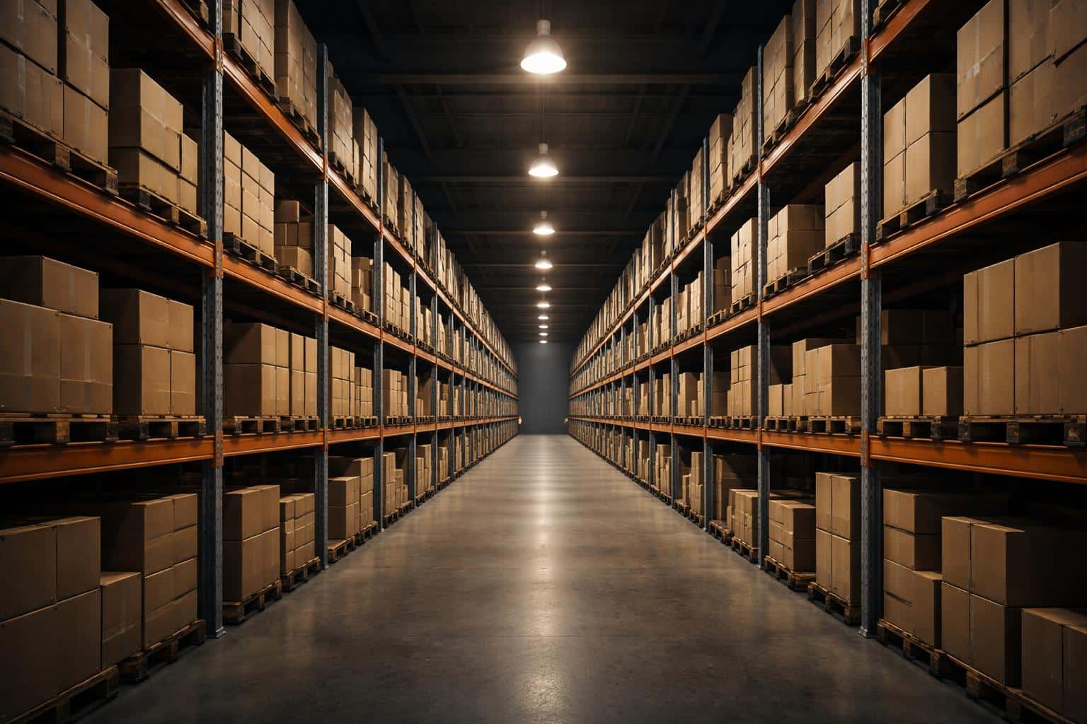 A centered warehouse aisle photographed in an architectural style with strict symmetry, minimal industrial details, and a 3:2 crop for poster or wallpaper use.