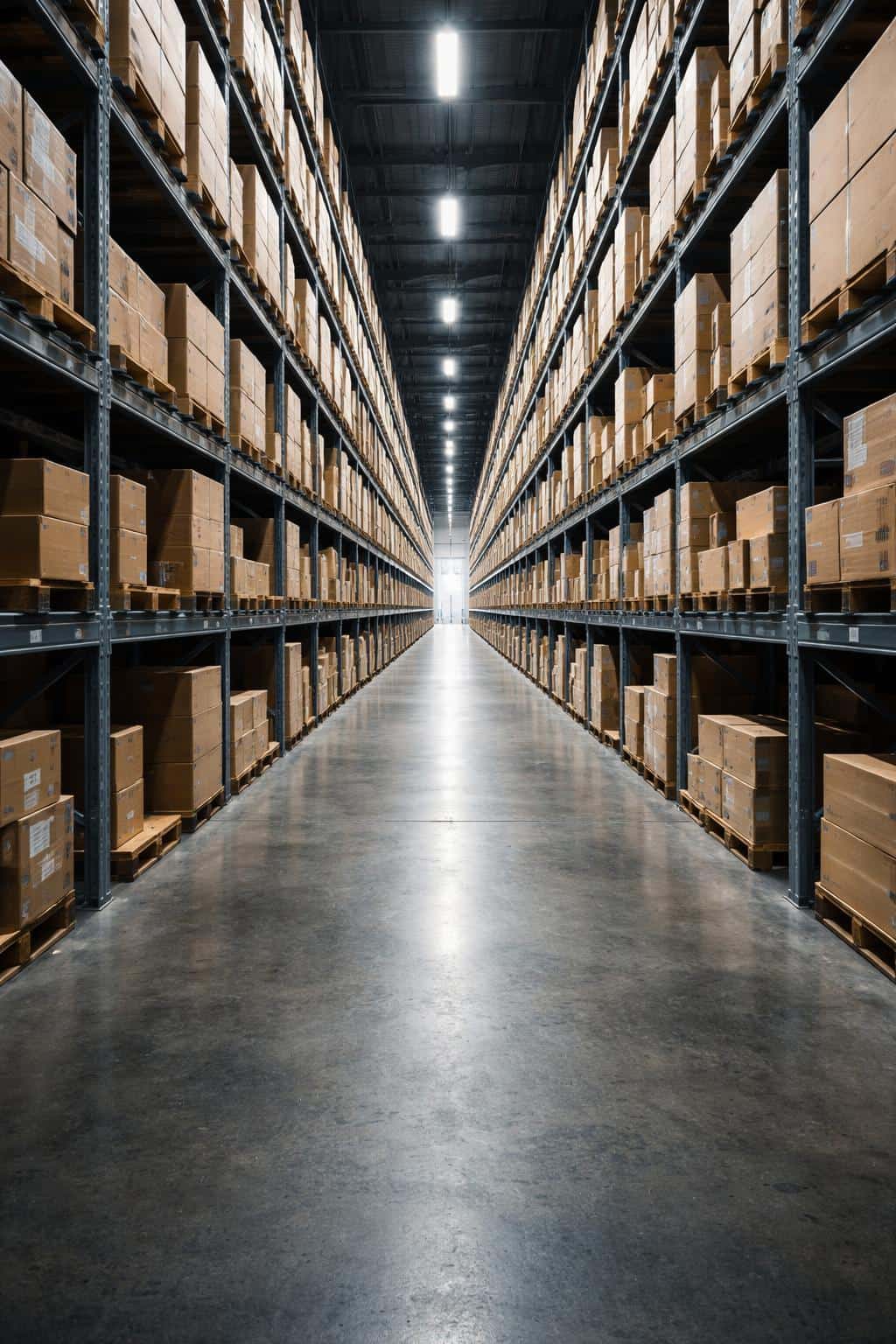 Panoramic warehouse aisle photographed as a symmetrical architectural interior, wide-format composition suited for wallpaper or background use in editorial layouts.