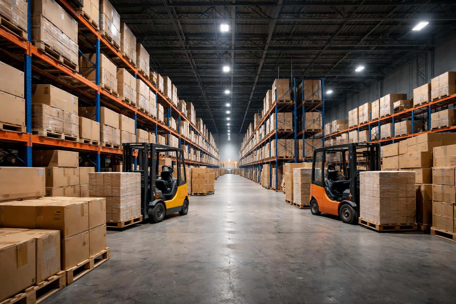 A wide 3:2 architectural photograph of a warehouse interior with stacked cardboard boxes and active forklifts, shot for background or editorial use with industrial mood and clear framing.