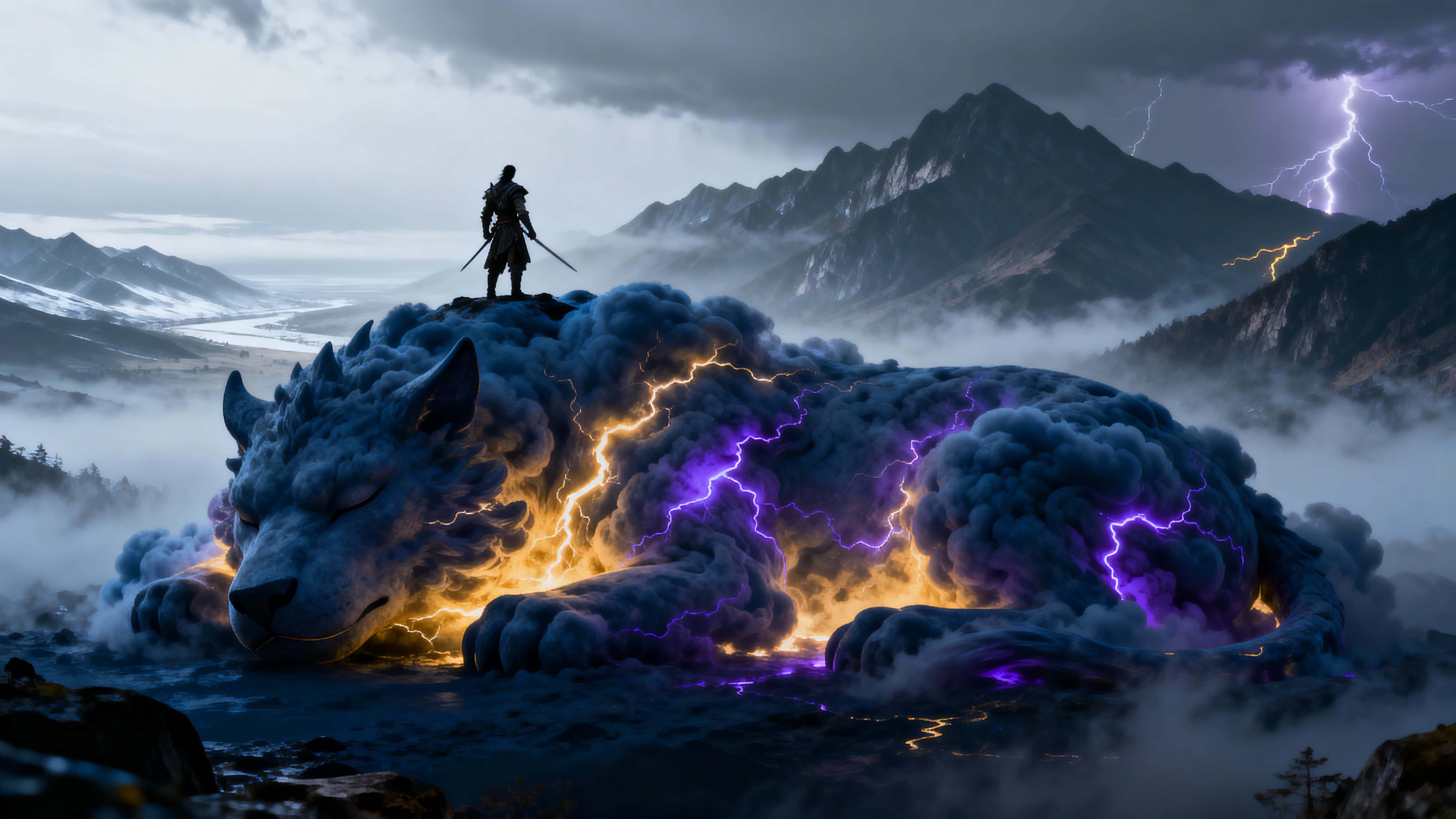 A lone warrior stands on a towering storm-cloud shaped like a beast, lightning pulsing beneath their feet as they watch vast mist-veiled mountains under a charged sky.