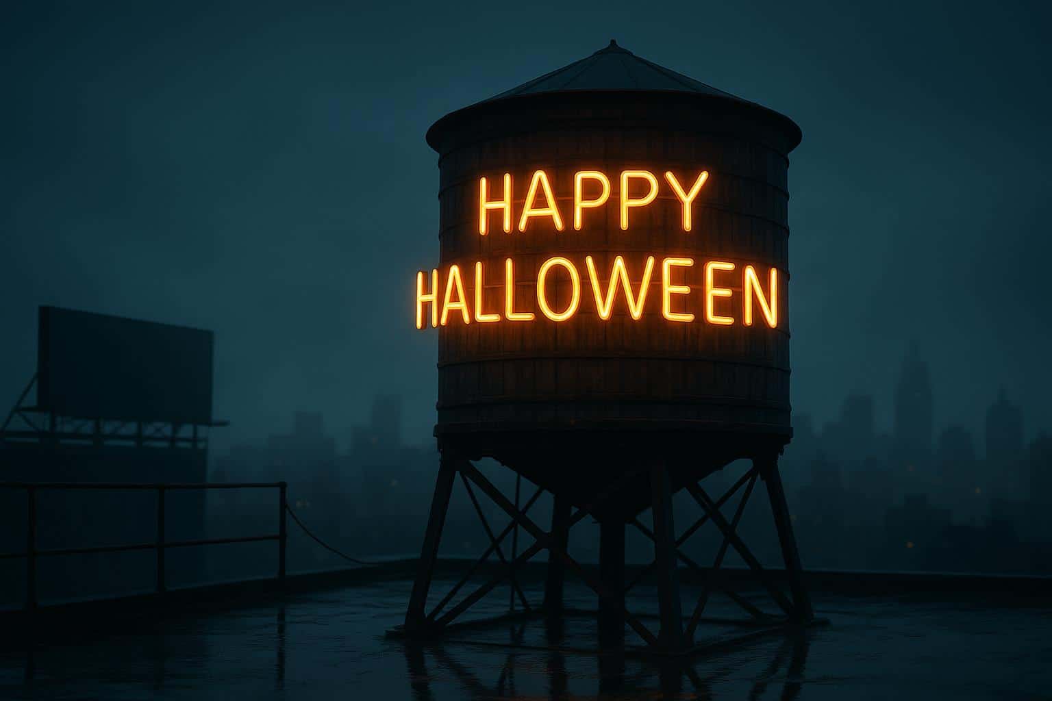 Rooftop photo of a water tower wrapped in blown-glass neon rope spelling "HAPPY HALLOWEEN," candy-corn gradient amber→ivory→charcoal flickering at joints, tar puddles mirror the glow and drifting fog bands soften the city silhouette while a