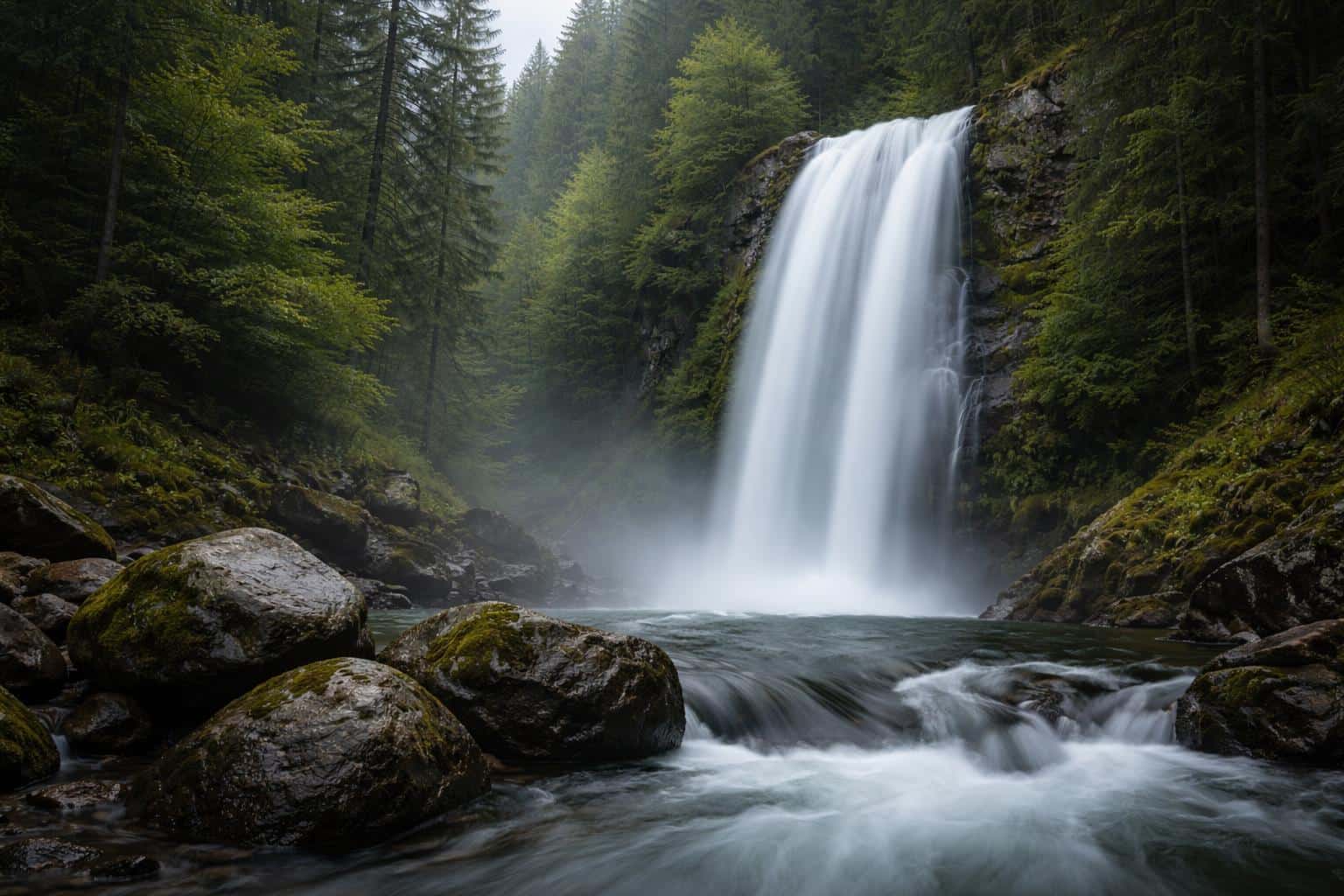 Close-framed landscape photograph of a natural waterfall set among mossy rocks and mixed trees, composed for a 3:2 wallpaper or print with a calm, cinematic mood.