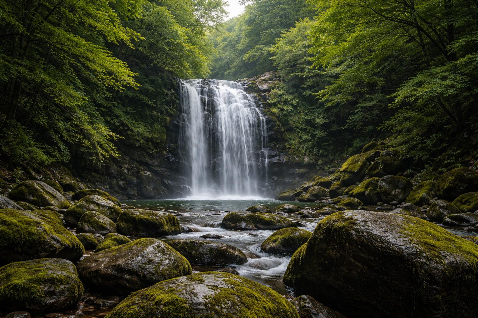 Wide 3:2 landscape photograph of a cascading waterfall framed by mossy rocks and dense greenery, composed for a wallpaper-style scenic layout with calm mood.