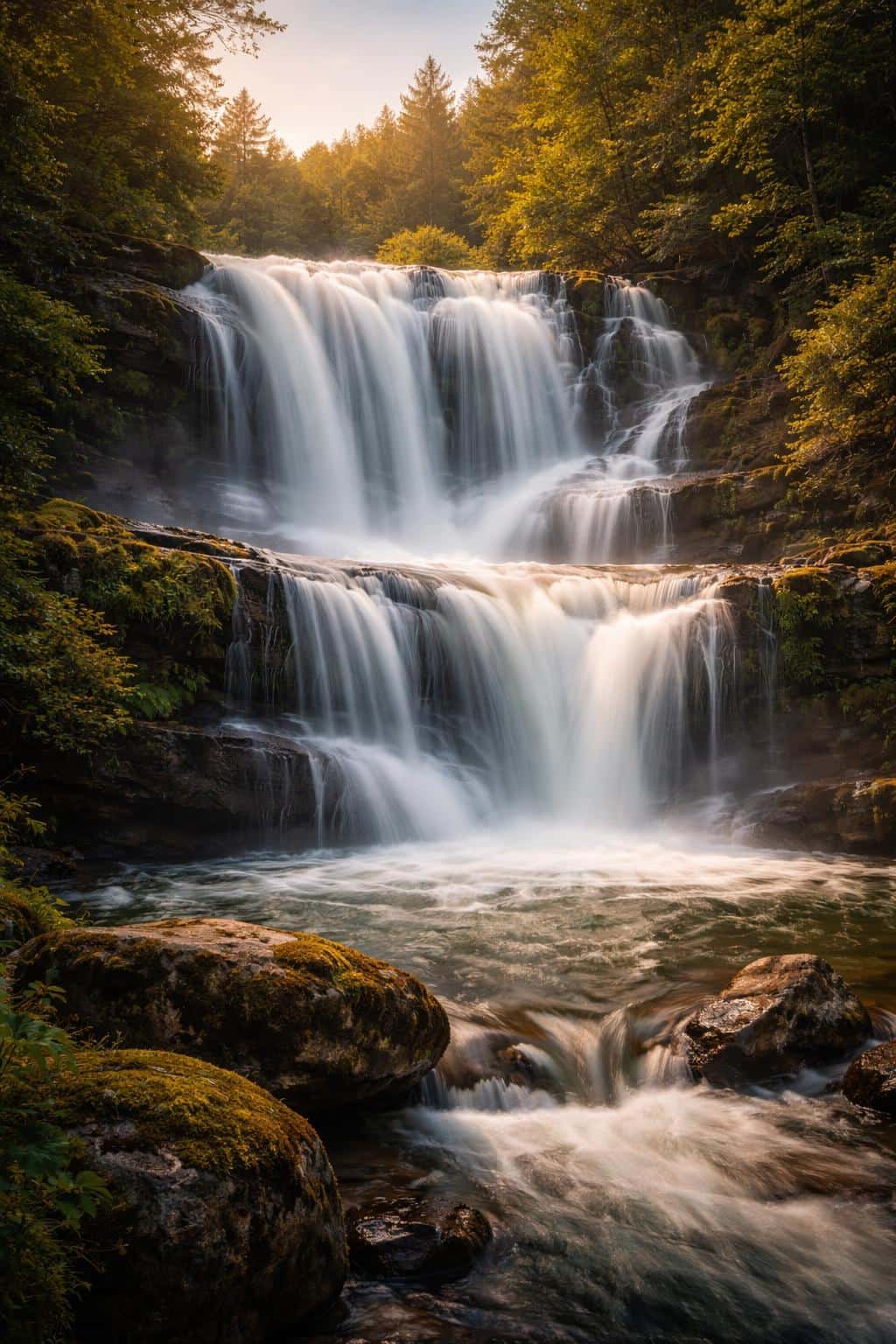 A long-exposure landscape photograph of a wide waterfall framed in a 2:3 portrait crop, with rocky foreground and verdant greenery for a poster-style wallpaper feel.
