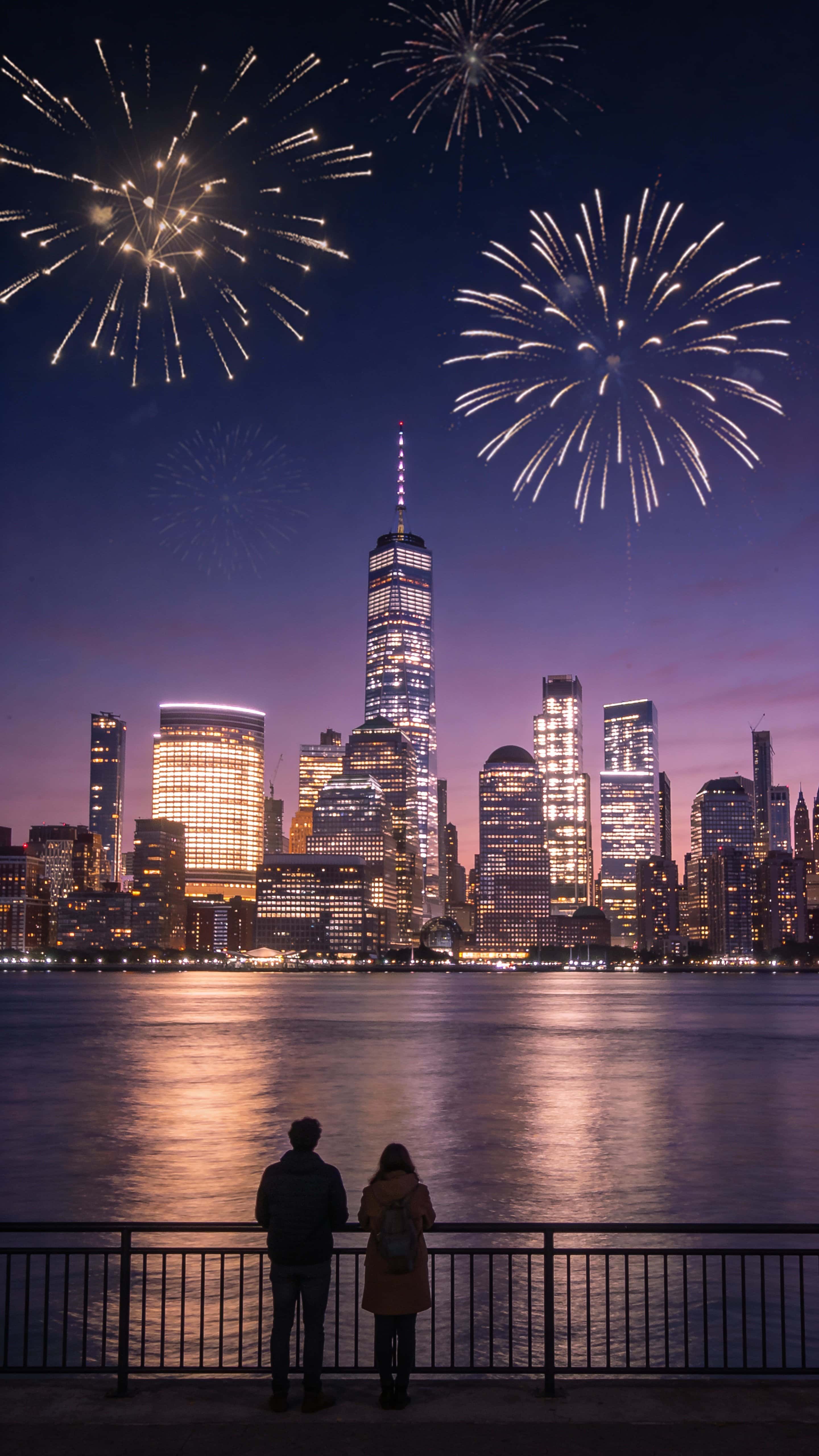 A vertical 9:16 view of a waterfront city skyline at night with fireworks faintly reflecting on rippling water and two figures leaning on a railing in the foreground.