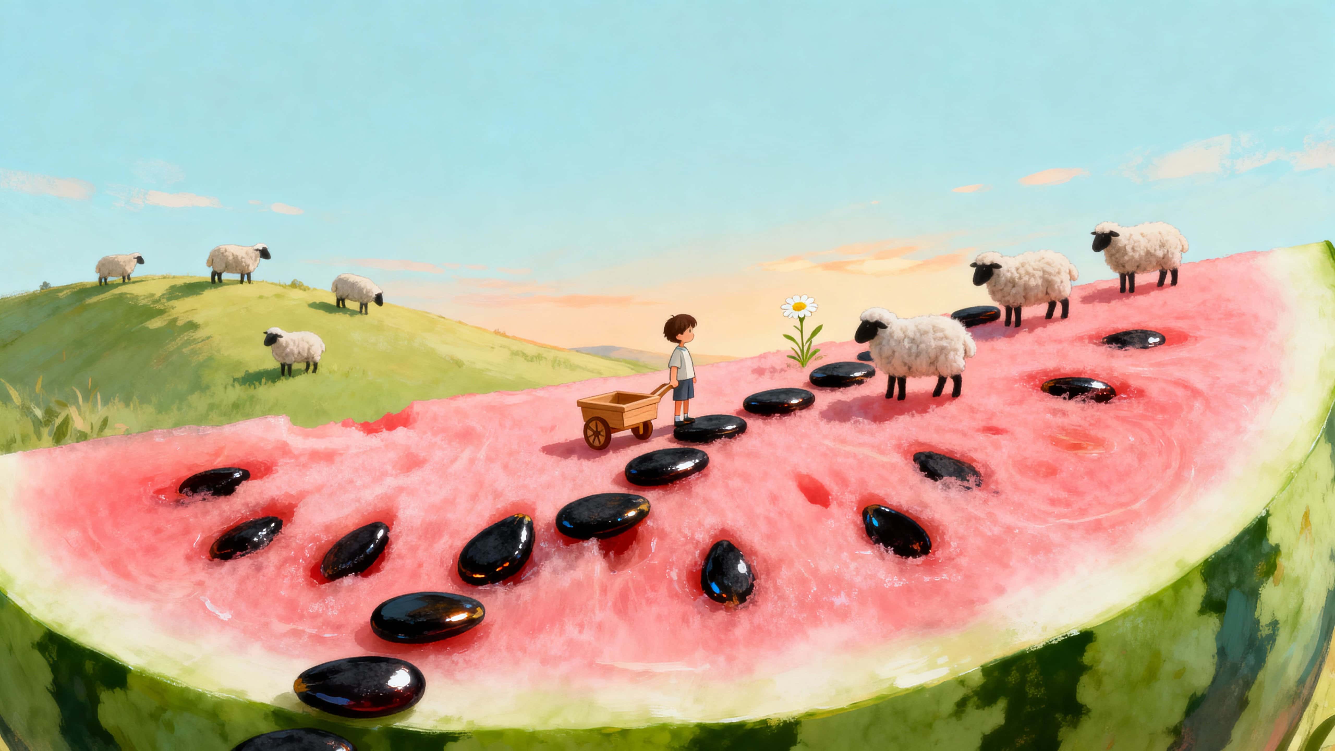 A single watermelon slice is reimagined as a tiny pastoral landscape with blade-green rind hills, a child stepping across glossy seeds, and grazing sheep beneath a soft sky, composed for 16:9 framing.