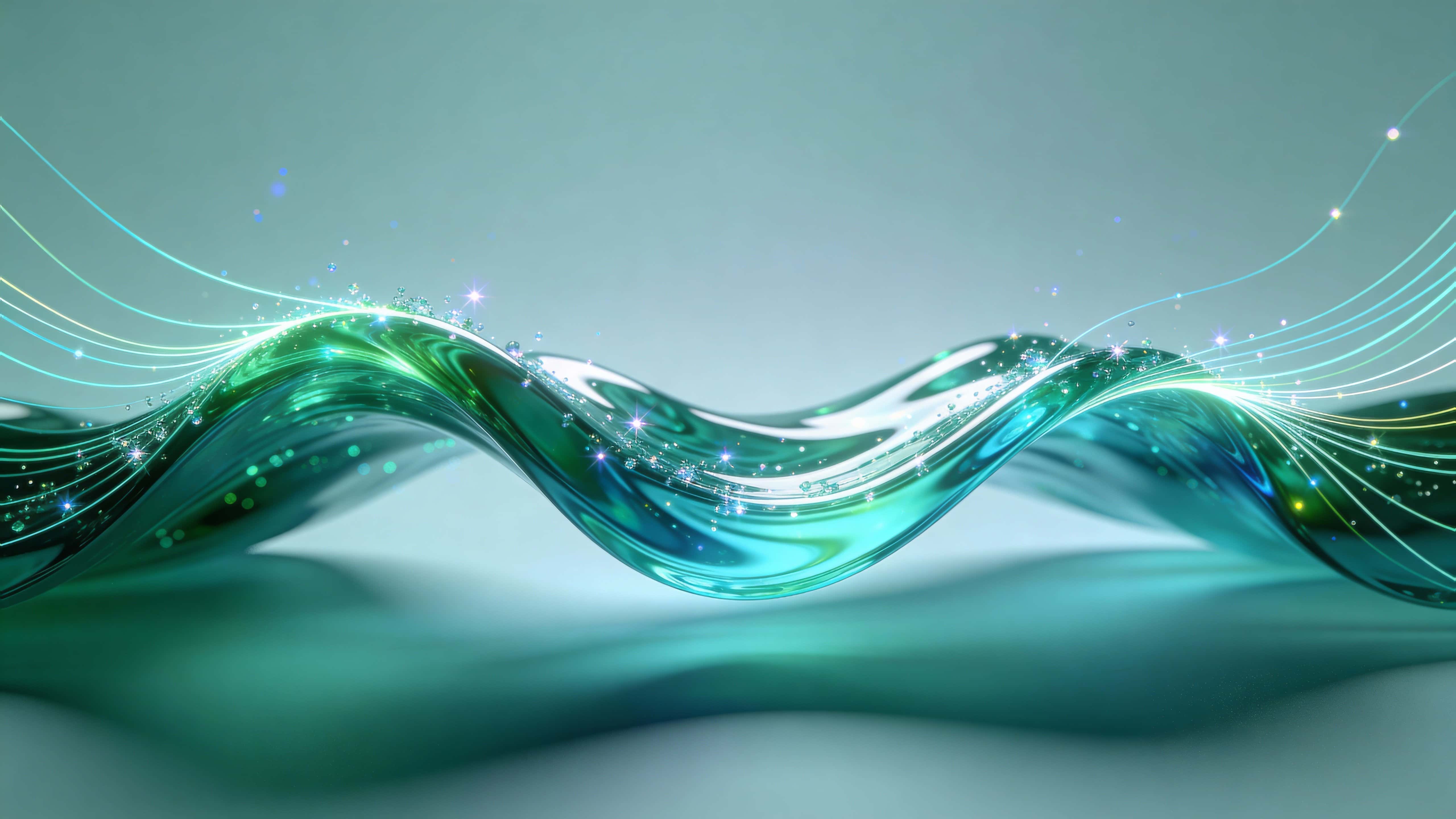 A glowing wavefront of emerald and aqua light ripples across the center of a 16:9 scene, edged with luminous strands and sparkling particles, soft cool sheen, above-surface perspective with a shadowed bottom edge.