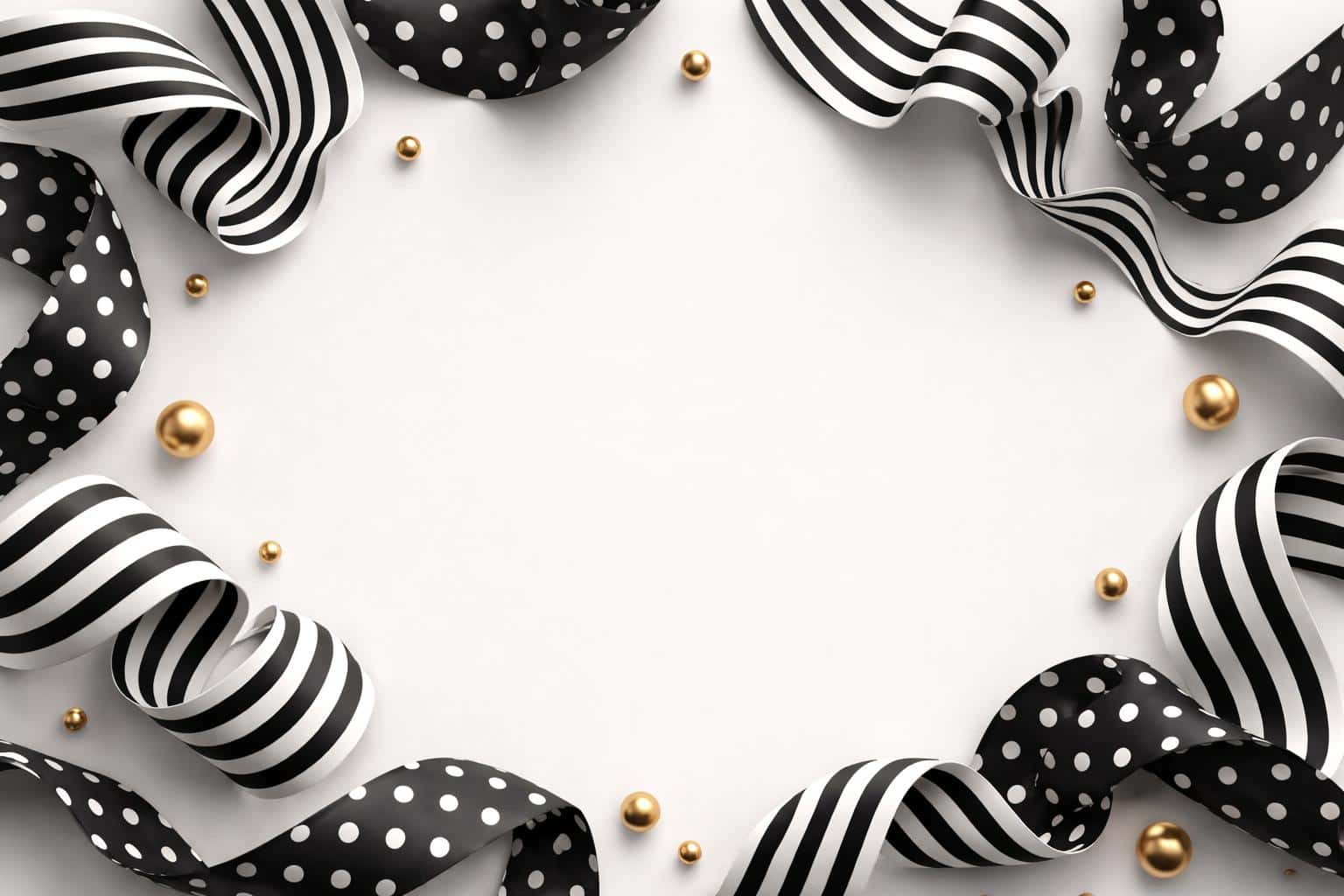 Top-down 3:2 3D-render of decorative wavy ribbon forms and scattered gold spheres, kept as a clean elegant background for layouts and posters.
