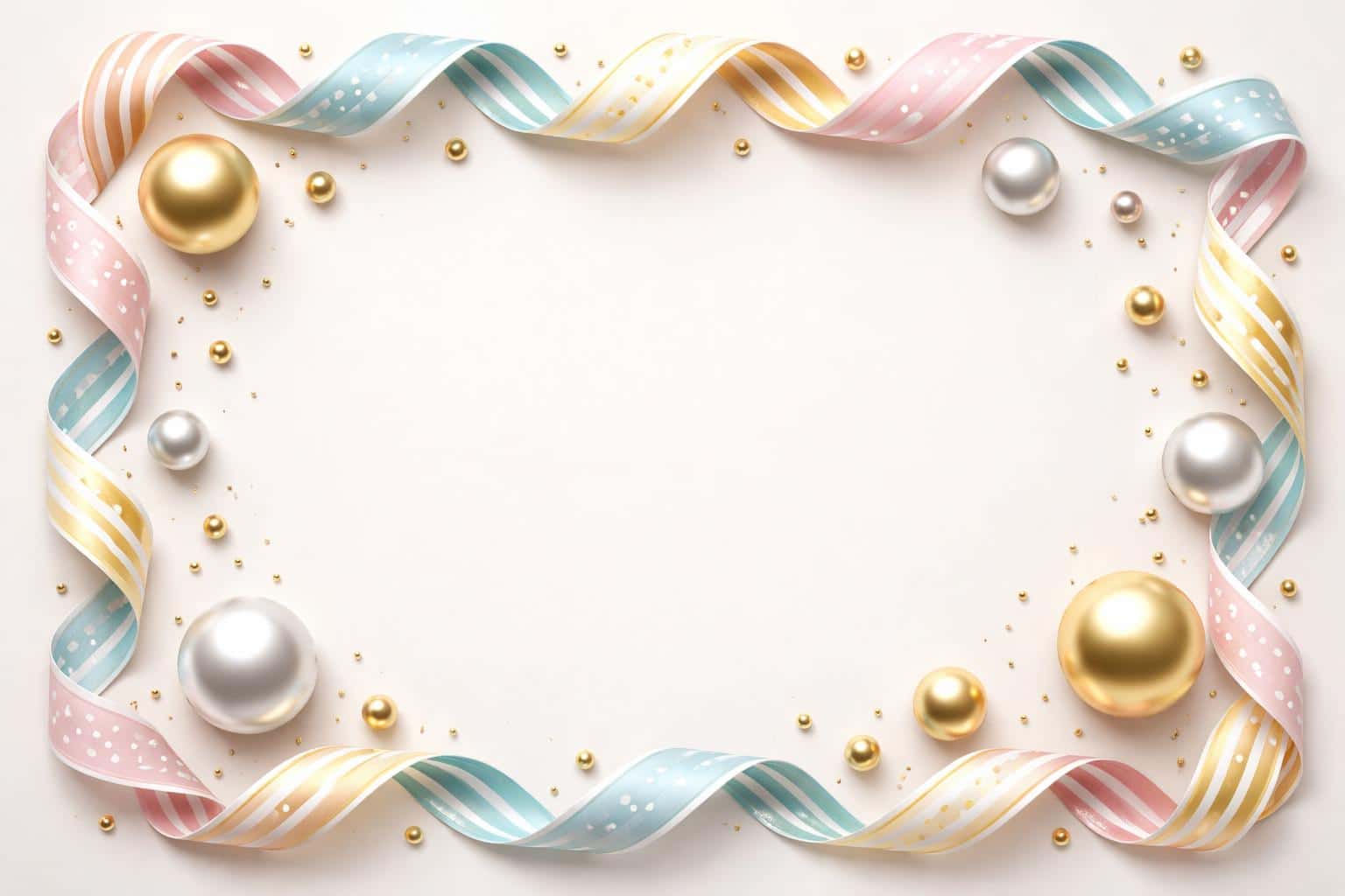 A clean product-photography still life of decorative wavy ribbons and metallic spheres arranged as a 3:2 framed composition, suitable for wallpaper or poster use.