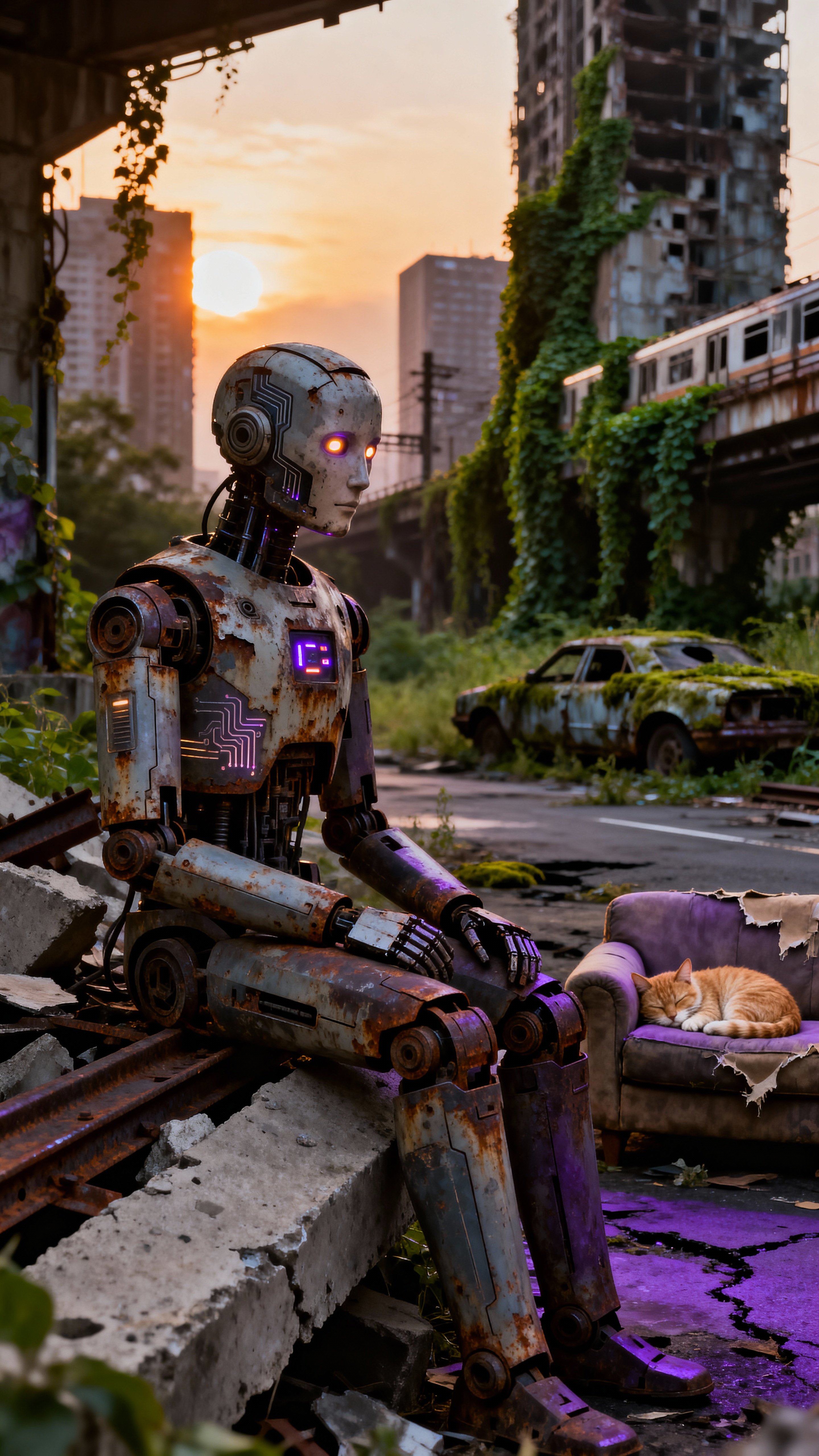 Solitary weathered android with exposed rusted metal plating and worn synthetic skin sits in a contemplative pose atop a mound of concrete debris and twisted steel beams in a desolate post‑apocalyptic metropolitan ruin reclaimed by nature.