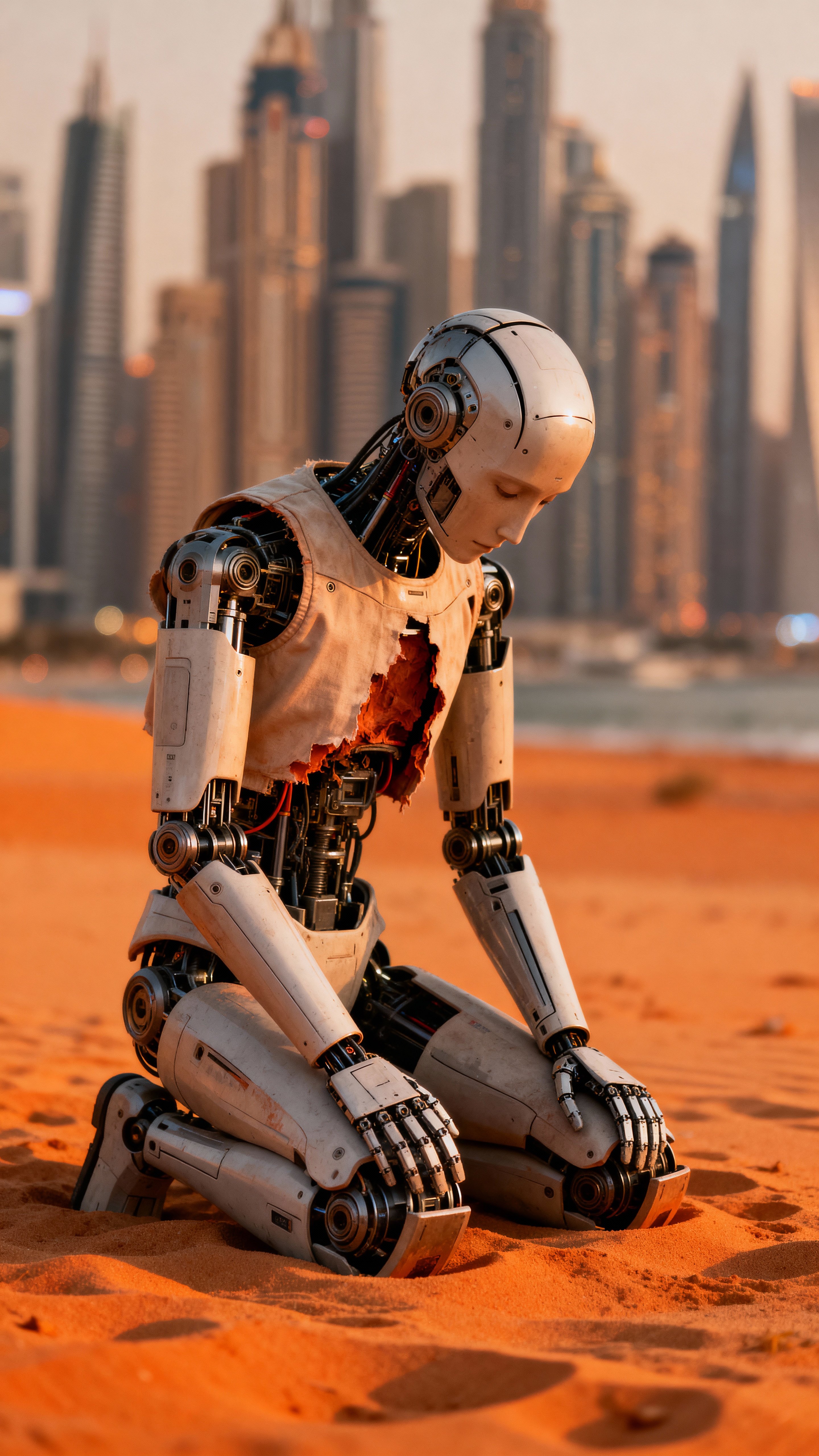 Solitary weathered android with exposed rusted metal plating and worn synthetic skin sits in a contemplative pose atop a mound of concrete debris and twisted steel beams in a desolate post‑apocalyptic metropolitan ruin reclaimed by nature.