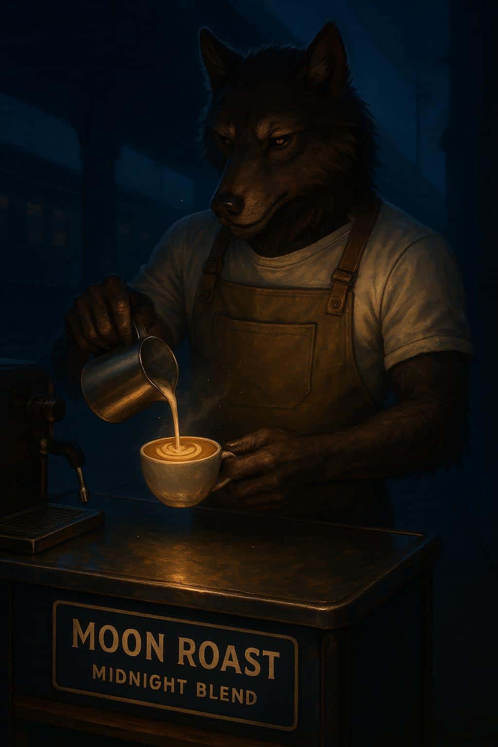 A werewolf barista pours a crescent-foam latte at a midnight pop-up coffee cart under elevated train tracks, glossy cozy Halloween tones and a warm amber counter glow flatter fur and hands.