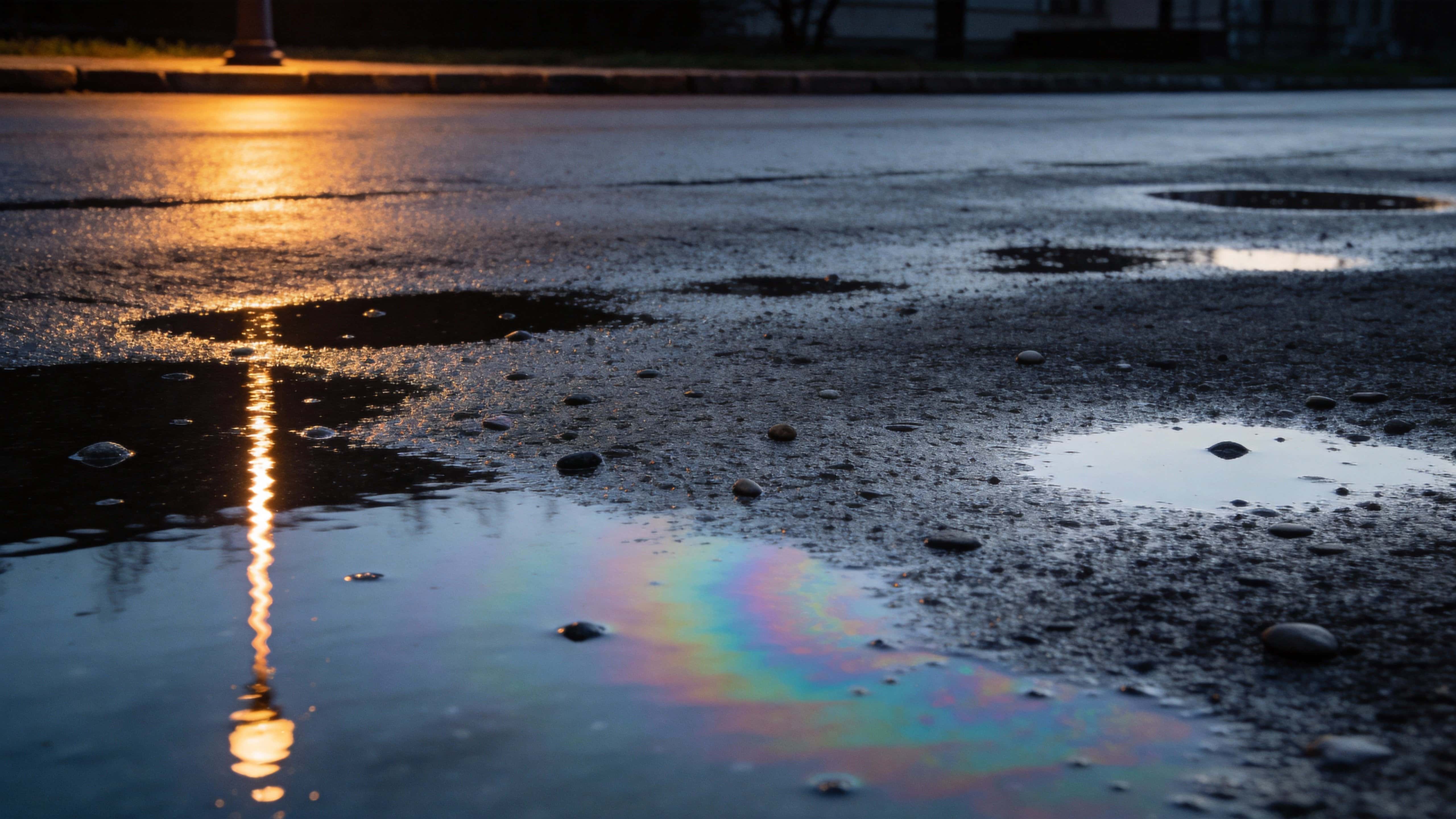 Nighttime wet asphalt reflecting a street light, composed as a 16:9 wide urban scene photographed for wallpaper with moody cinematic lighting and reflective textures.