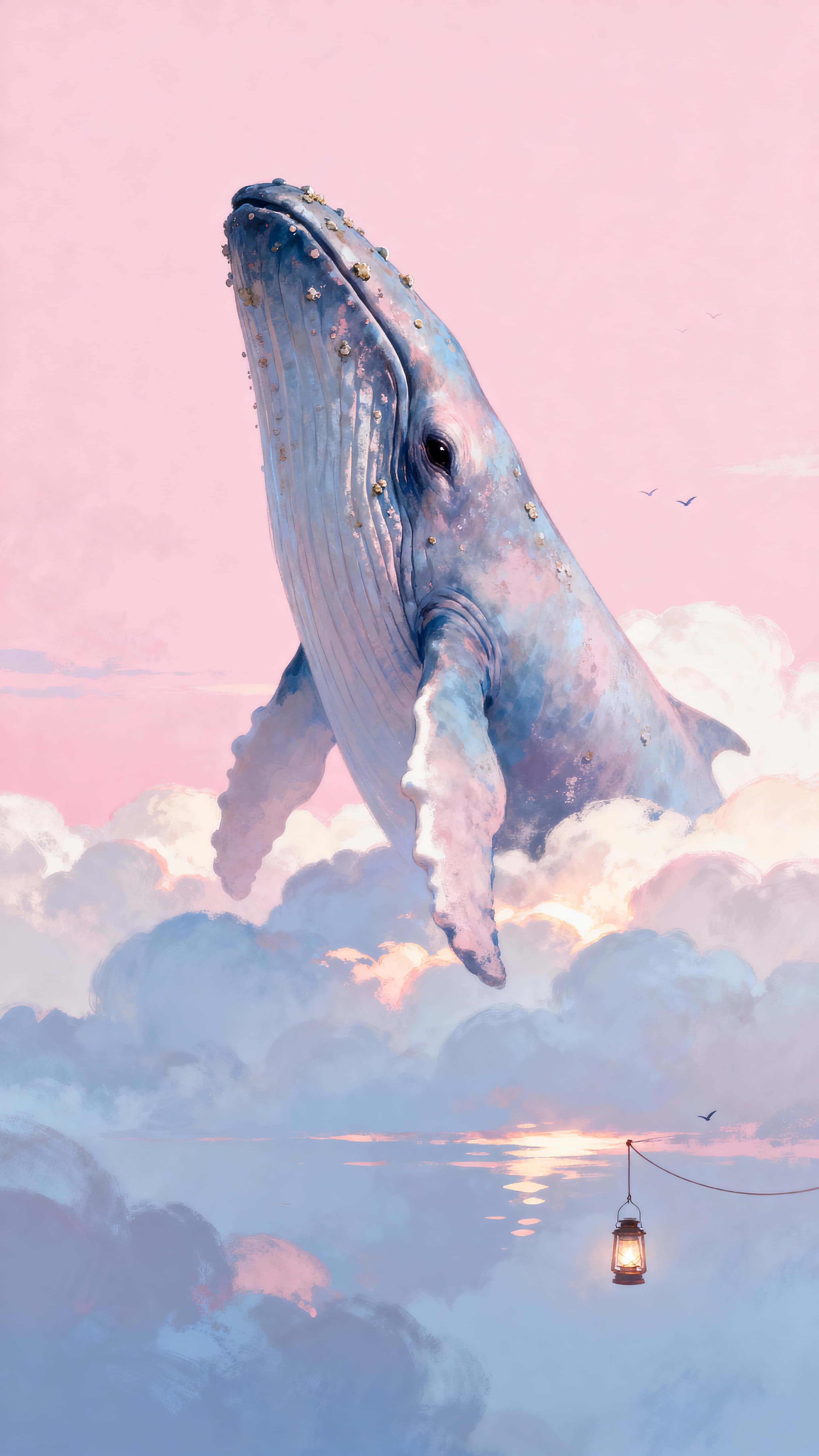 A serene giant whale glides through a pastel pink sky above soft layered clouds, composed for a tall 9:16 vertical frame with dreamy, calm atmosphere and gentle, tactile surfaces.