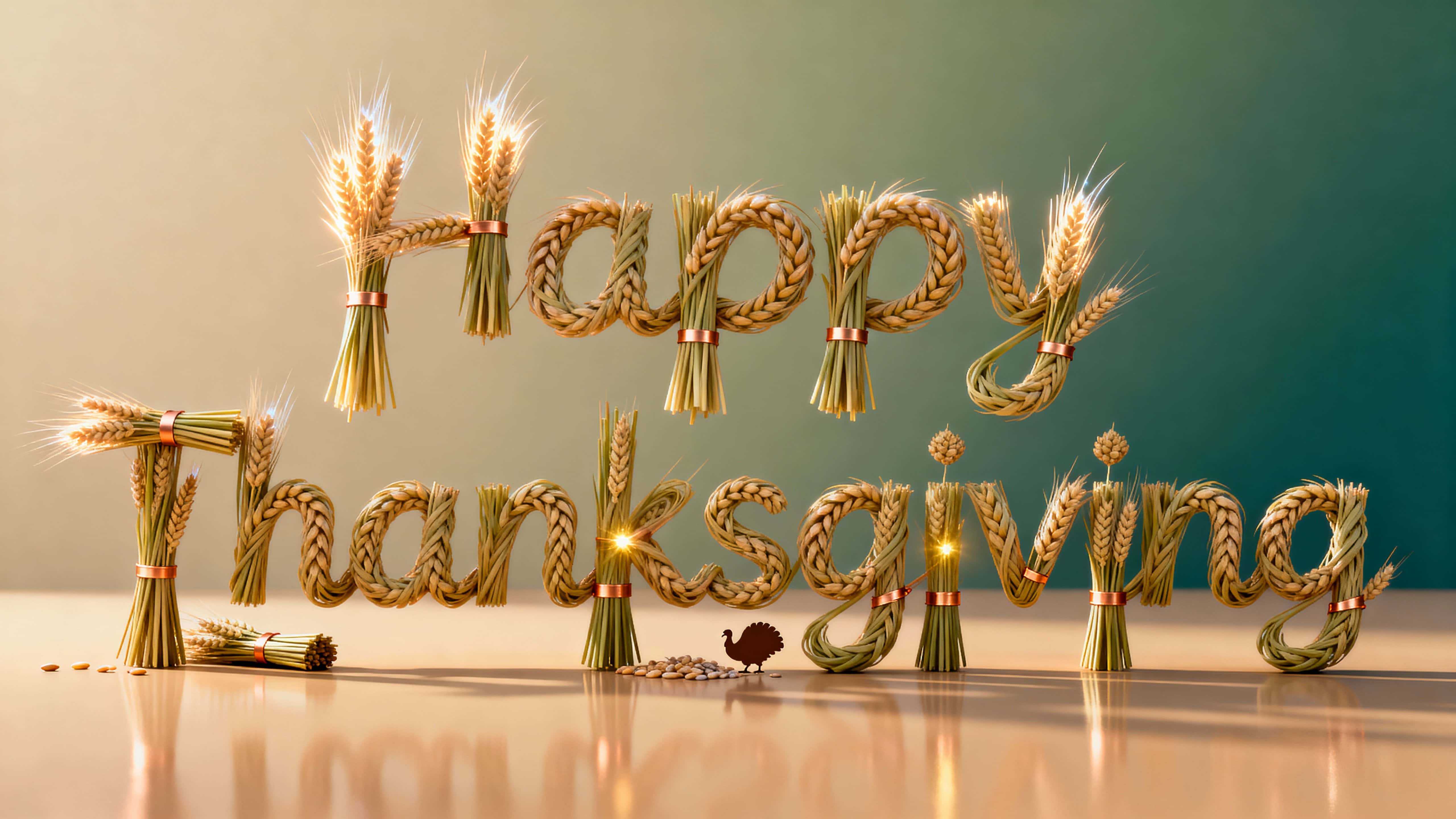 16:9 cinematic view of “Happy Thanksgiving” spelled from intertwined golden wheat and barley stalks with copper ties, soft tan reflection, eucalyptus-to-teal gradient background, and a hidden tiny turkey silhouette.