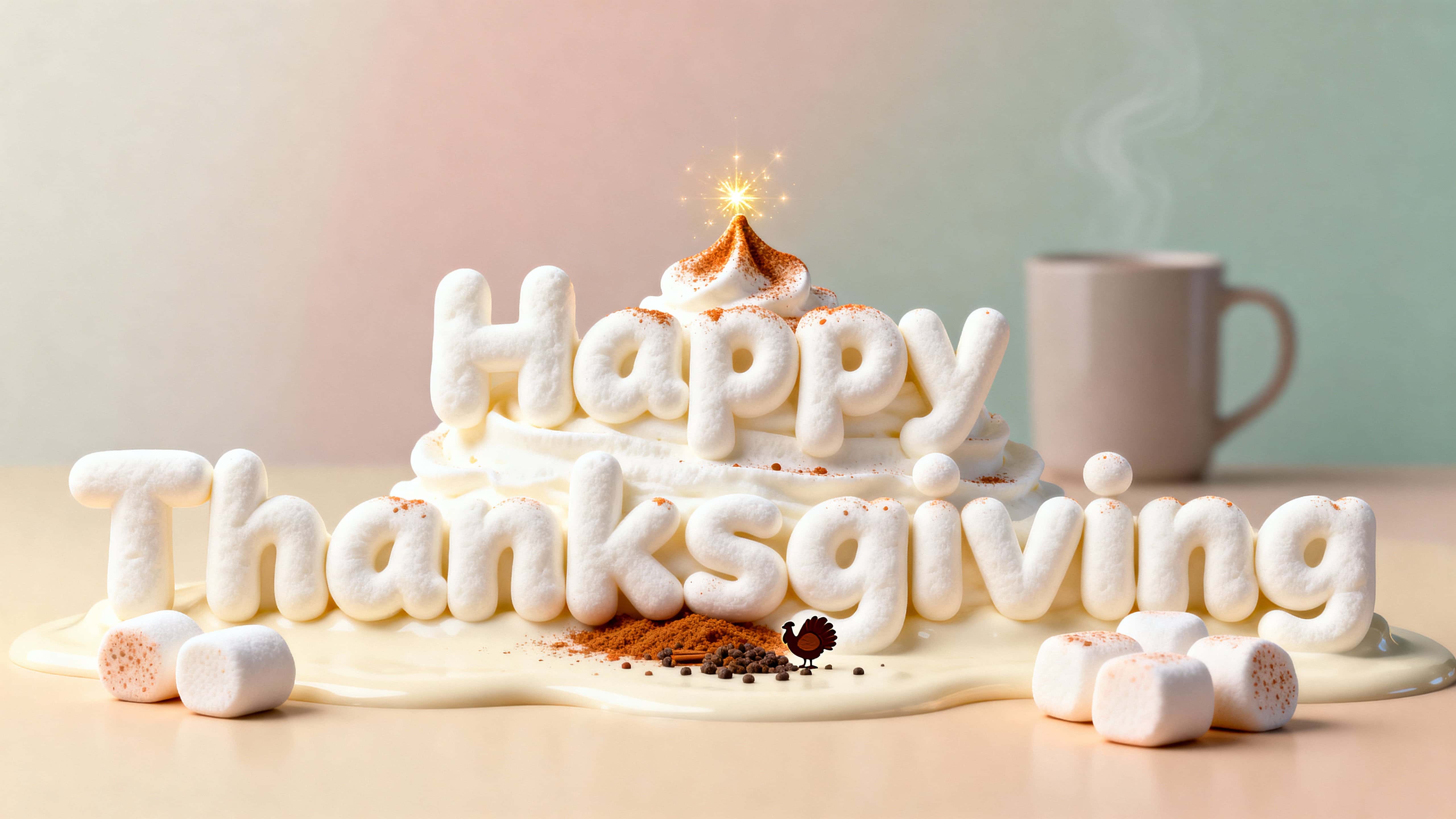 Cinematic 16:9 scene of 'Happy Thanksgiving' shaped from plump whipped-cream letters dusted with cinnamon, with marshmallows at the base, a soft pastel gradient background, and a subtle mug silhouette.