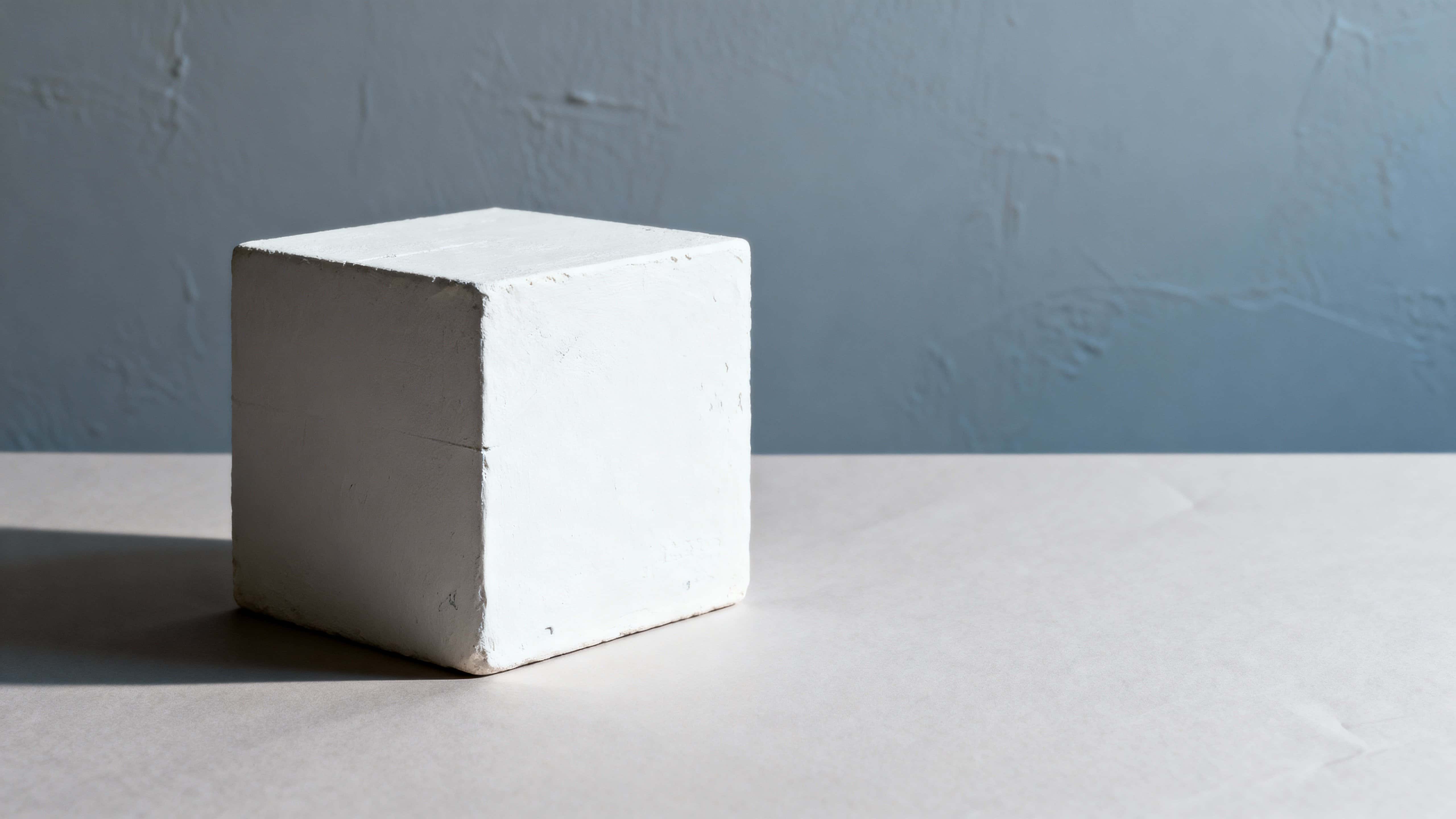 A minimalist white cube sits on a neutral surface within a 16:9 frame, casting a soft, elongated shadow that sculpts the space and emphasizes form and subtle light gradients.