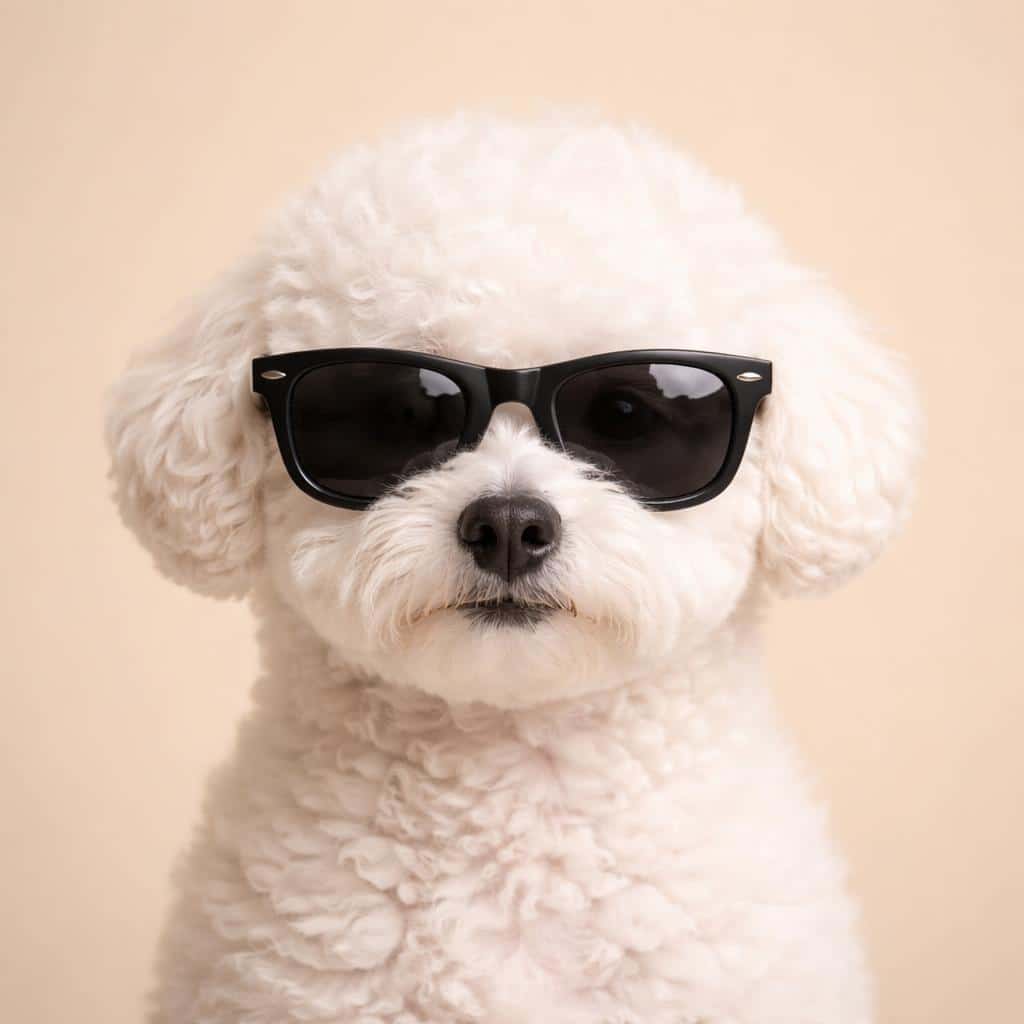 Close-up square portrait of a small white fluffy dog wearing black sunglasses, photographed with soft frontal light and a neutral beige background for a clean, minimal aesthetic.