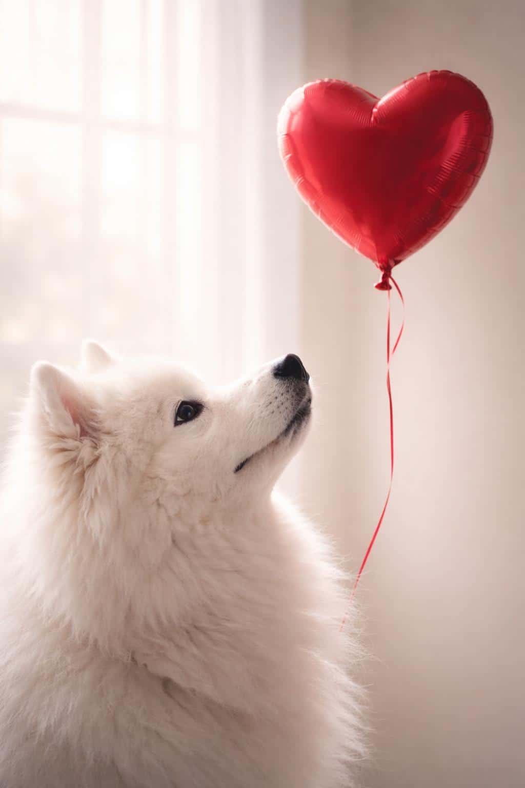 Close-up pet-photography portrait of a white dog and a heart balloon, faithfully matching composition, soft backlit window lighting, and a vertical 2:3 crop for wallpaper use.
