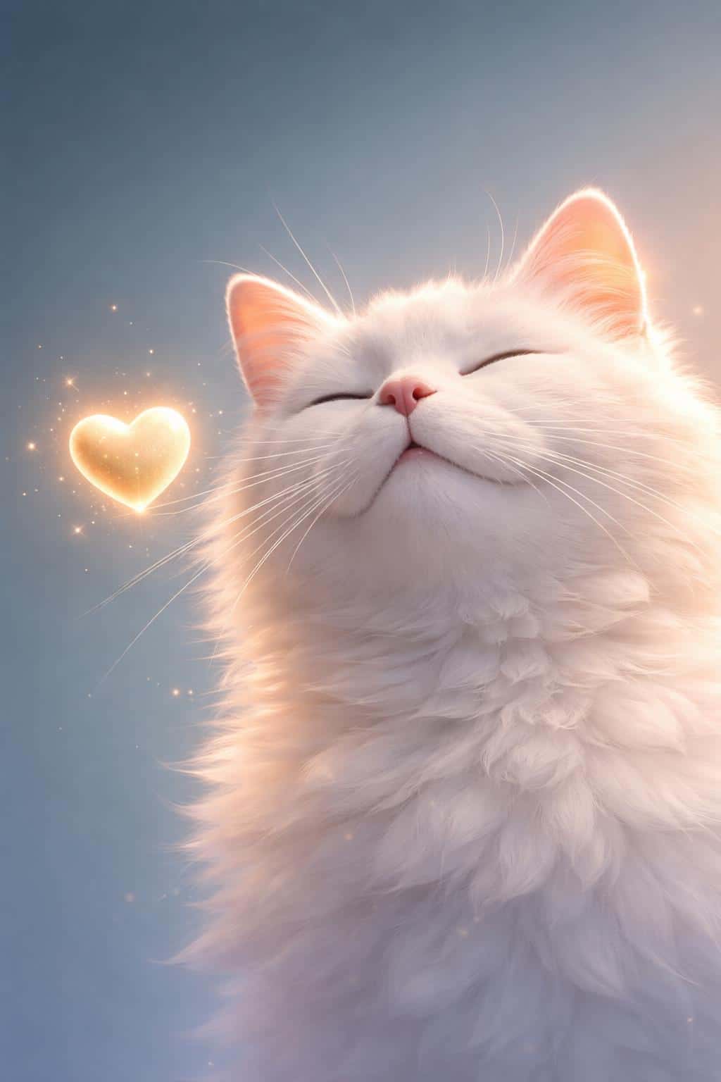 A serene white cat gazes peacefully at a glowing golden heart-shaped orb in this ethereal 3D render, featuring soft lighting and a muted teal backdrop.