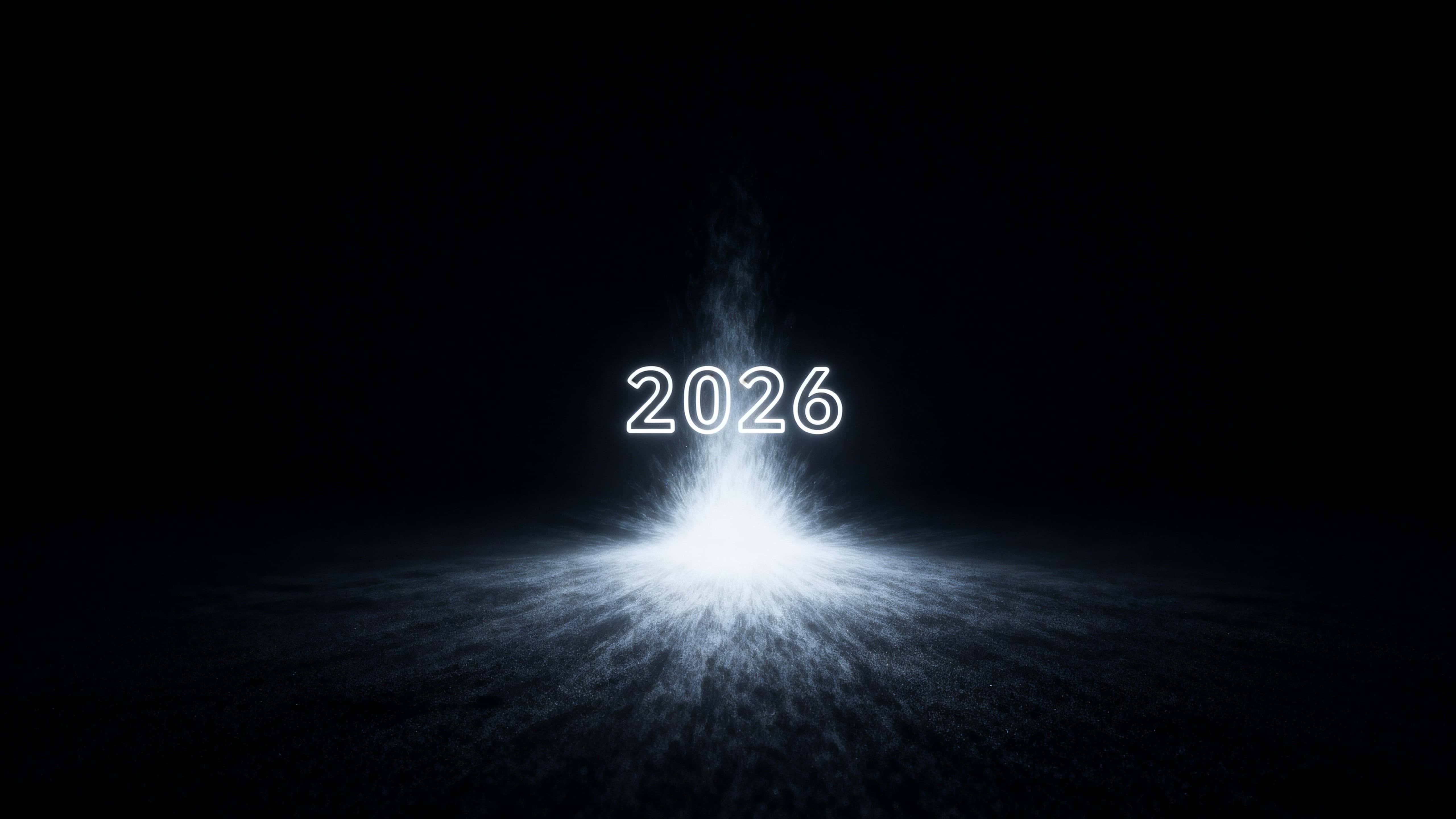 A single burst of white light expands from the center of a pitch-black void, briefly coalescing into the digits “2026” before dissolving back into empty darkness.