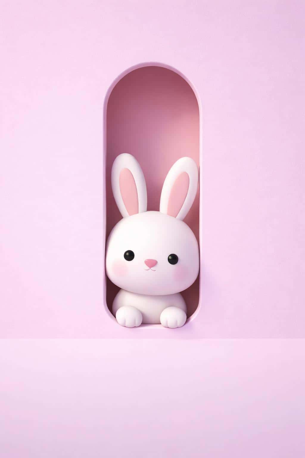A minimal 3D render of a cute white rabbit peeking through a rounded opening in a smooth pink surface, designed as a whimsical phone wallpaper or icon.