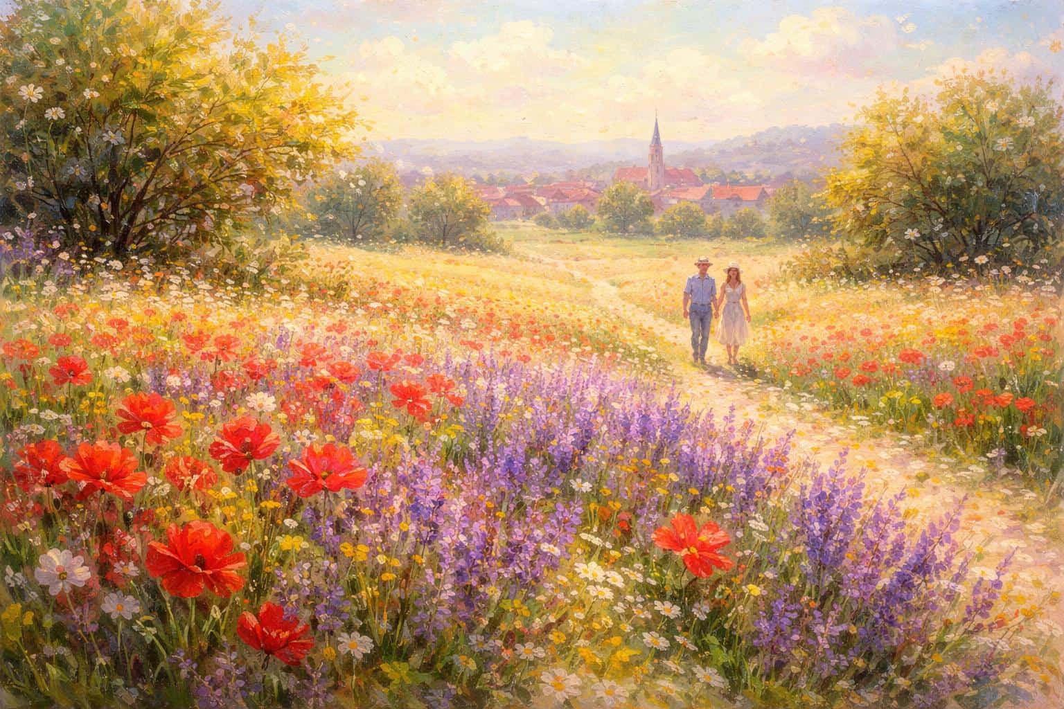 Impressionist oil painting in a 3:2 horizontal frame showing a wide field of wild poppies and lavender under a dappled afternoon sun with two figures walking hand-in-hand toward a soft-focus village.