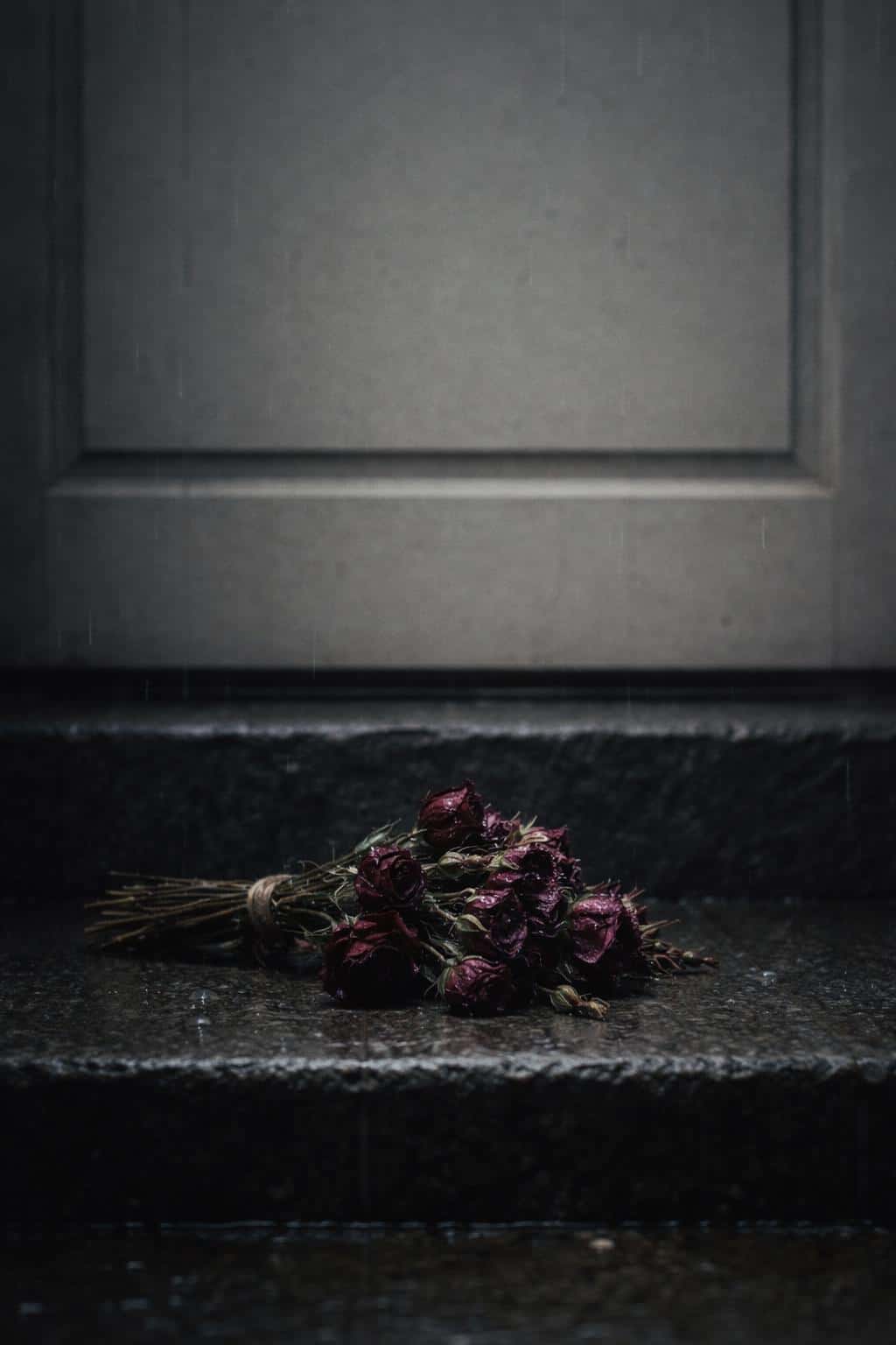 Vertical 2:3 cinematic still-life of a small wilted bouquet left on a wet doorstep in light rain, petals darkened and muted tones conveying quiet loss.