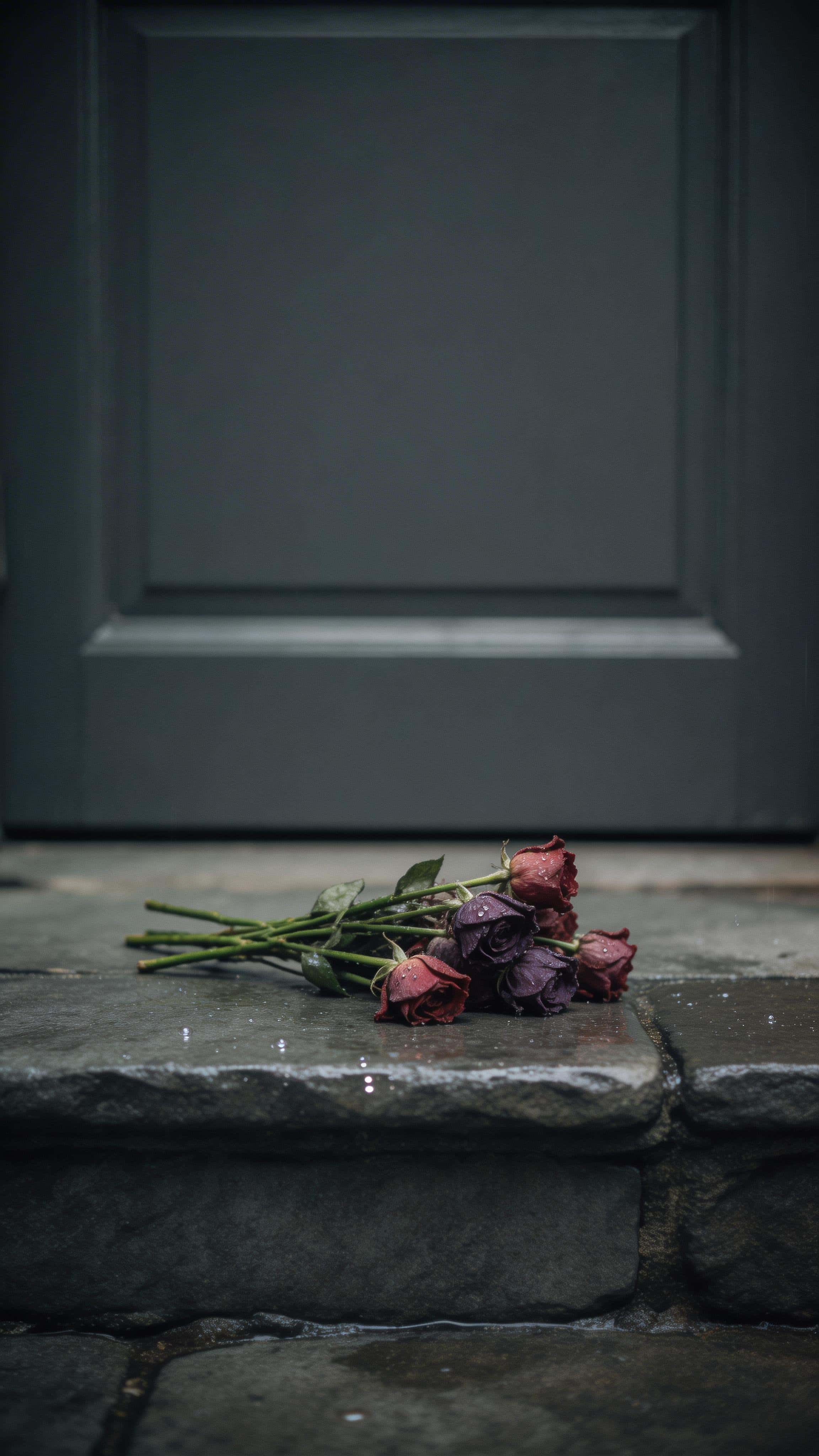 Cinematic 9:16 still-life of a small wilted bouquet left on a wet doorstep in light rain, muted deep reds and purples against charcoal stone and near-black shadows.