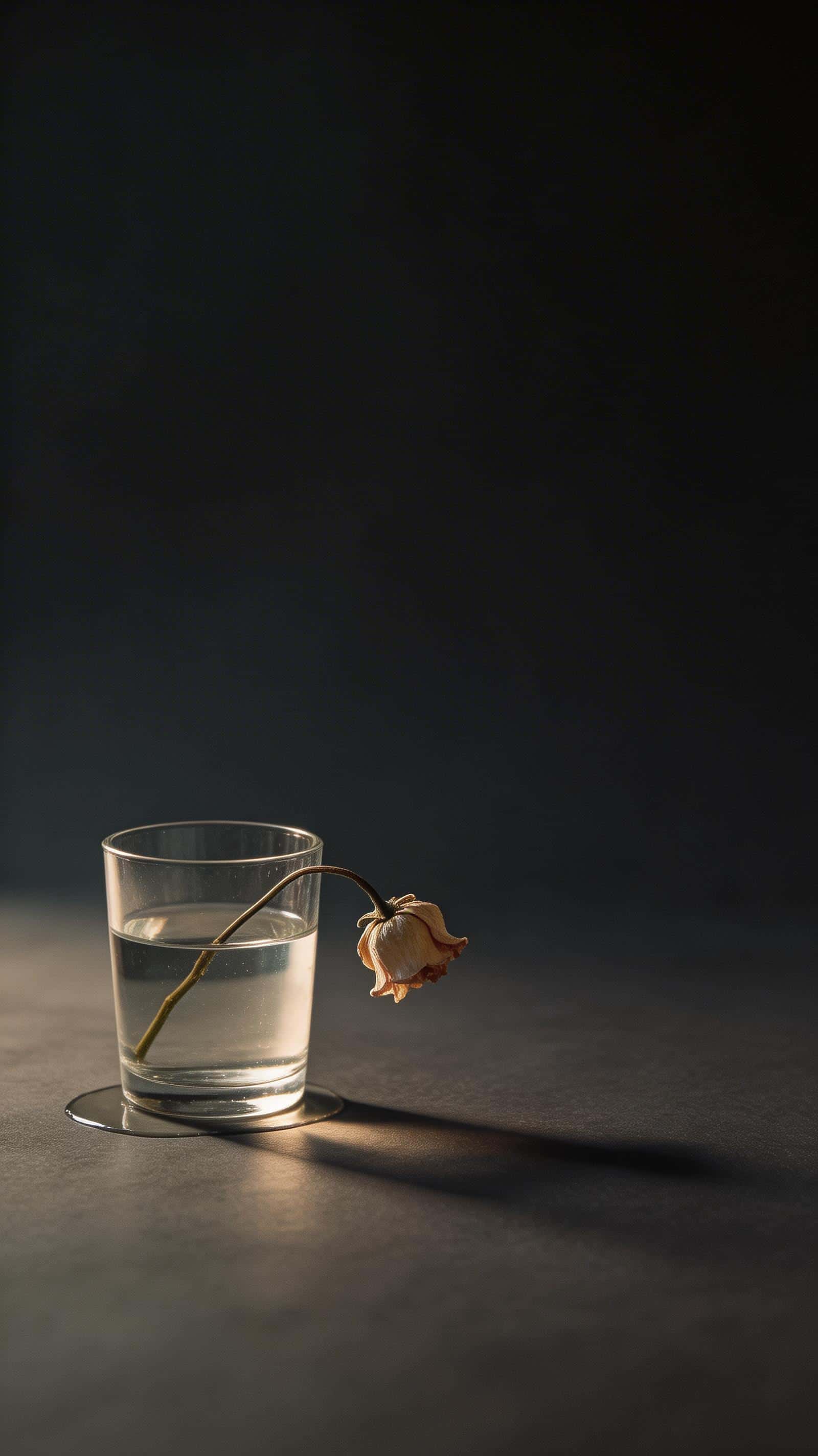 Still-life vertical wallpaper of a single wilted flower in a glass on a dark tabletop, soft side window light, subdued warm highlights, deep charcoal shadows.
