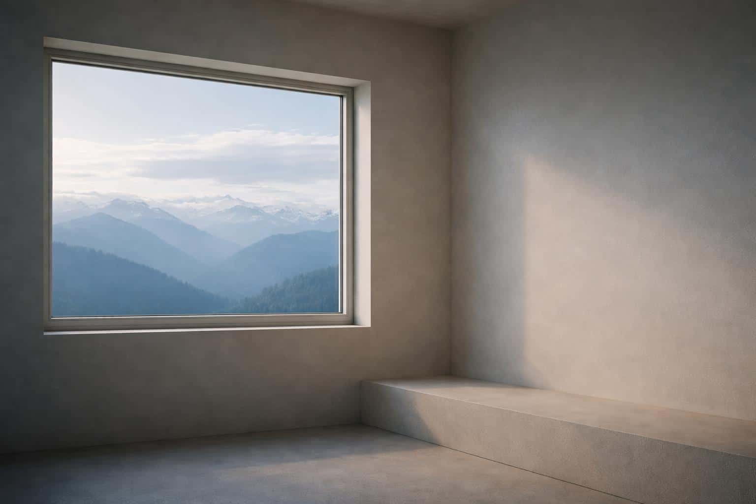 A wide 3:2 photographic scene of a large window framing distant mountains and clouds, seen from an empty minimalist interior with soft natural light, ideal for wallpaper.