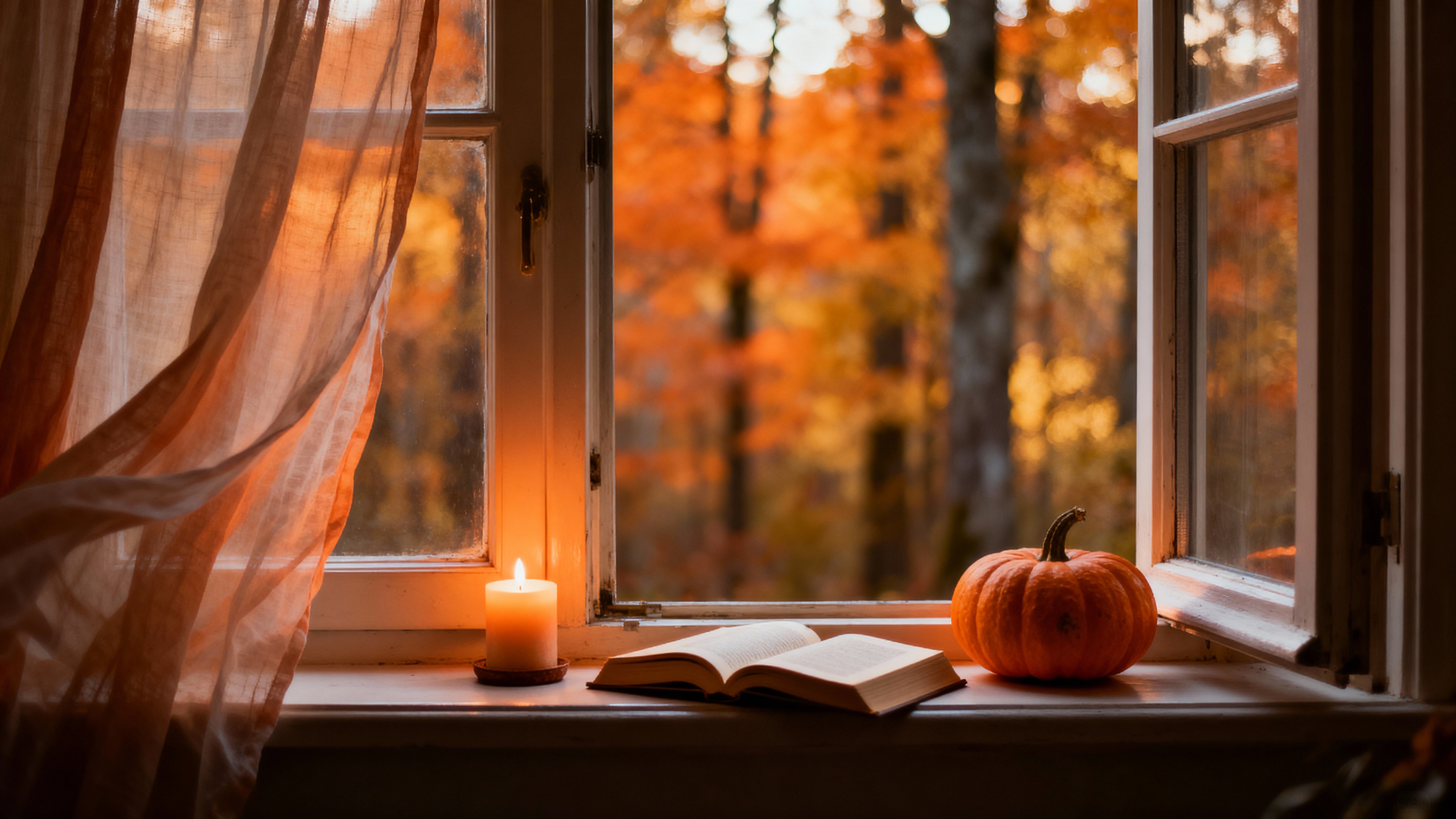 A cozy 16:9 straight-on digital photograph of a window sill with gauzy curtains, a candle, small pumpkin and half-read book bathed in amber, orange, gold and cream tones.