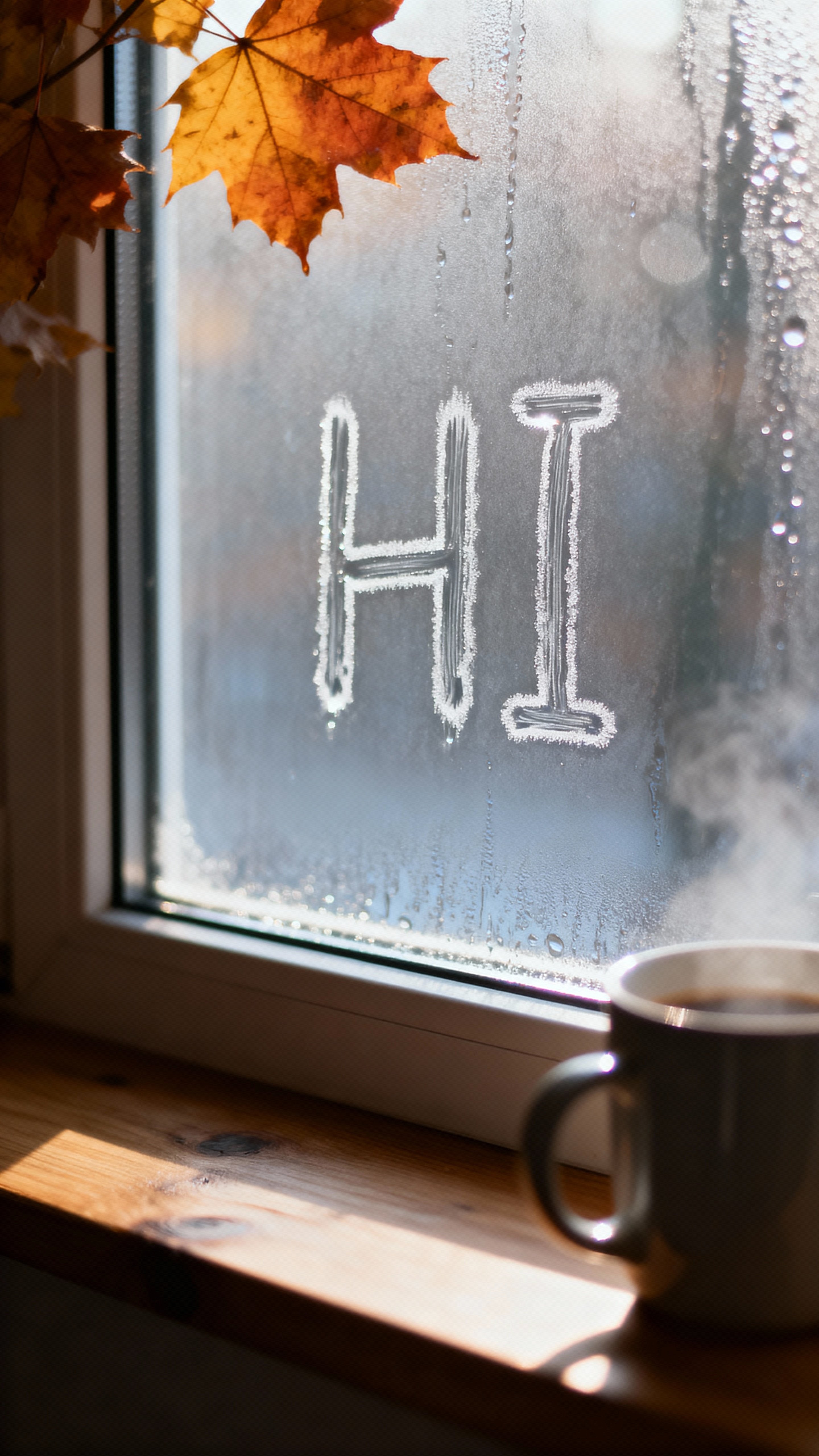 A square-framed, left-biased autumn interior showing a solitary window with "HI" traced in condensation, crisp on wiped rims and shallow-focus amber backlight.